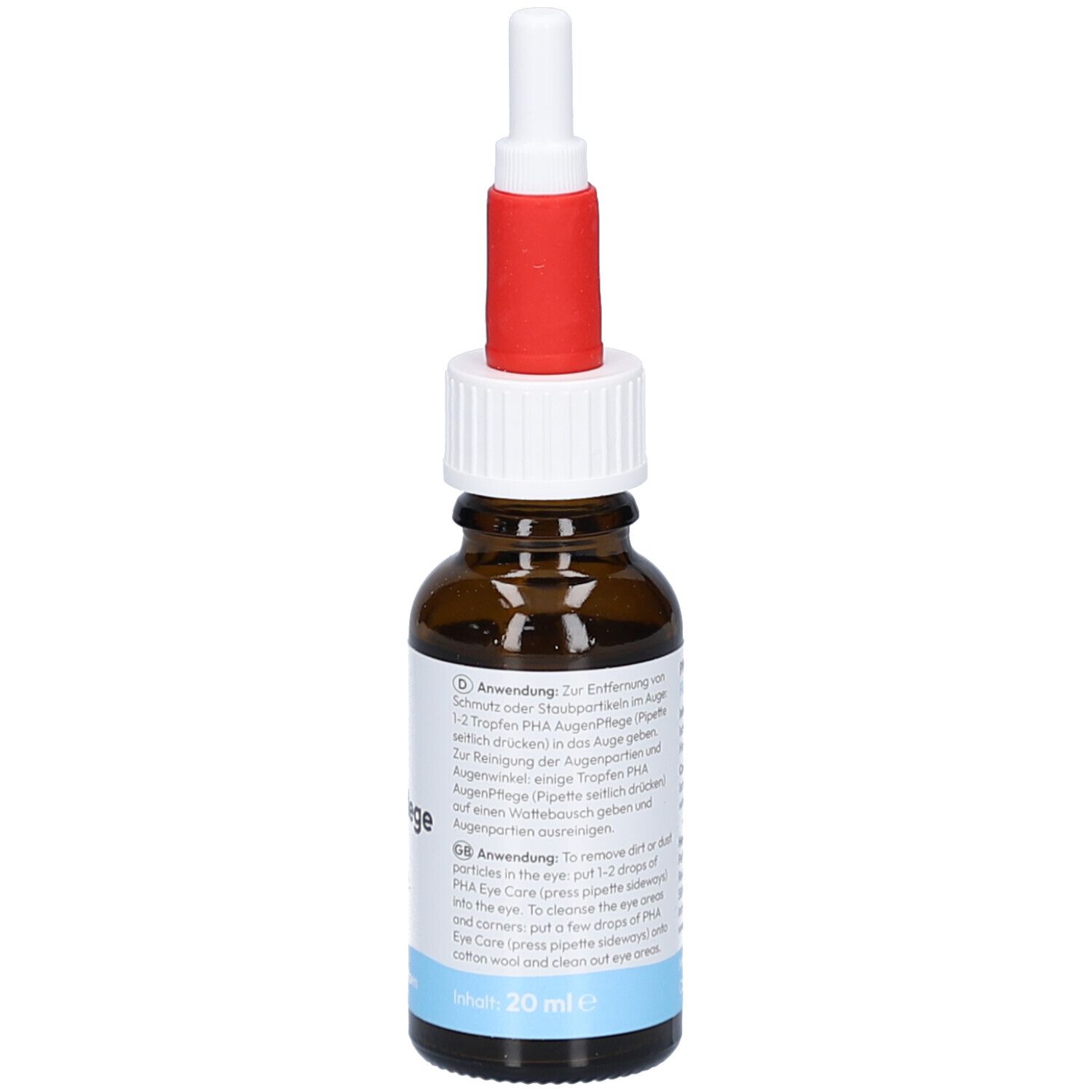 Flacon en verre brun avec bouchon blanc et rouge. Étiquette avec informations d'utilisation et de produit. Gouttes pour chiens et chats.