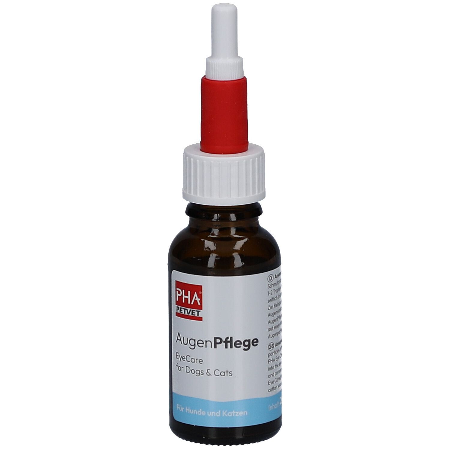 Flacon en verre brun avec bouchon blanc et rouge. Étiquette avec nom du produit et informations. Gouttes pour chiens et chats.