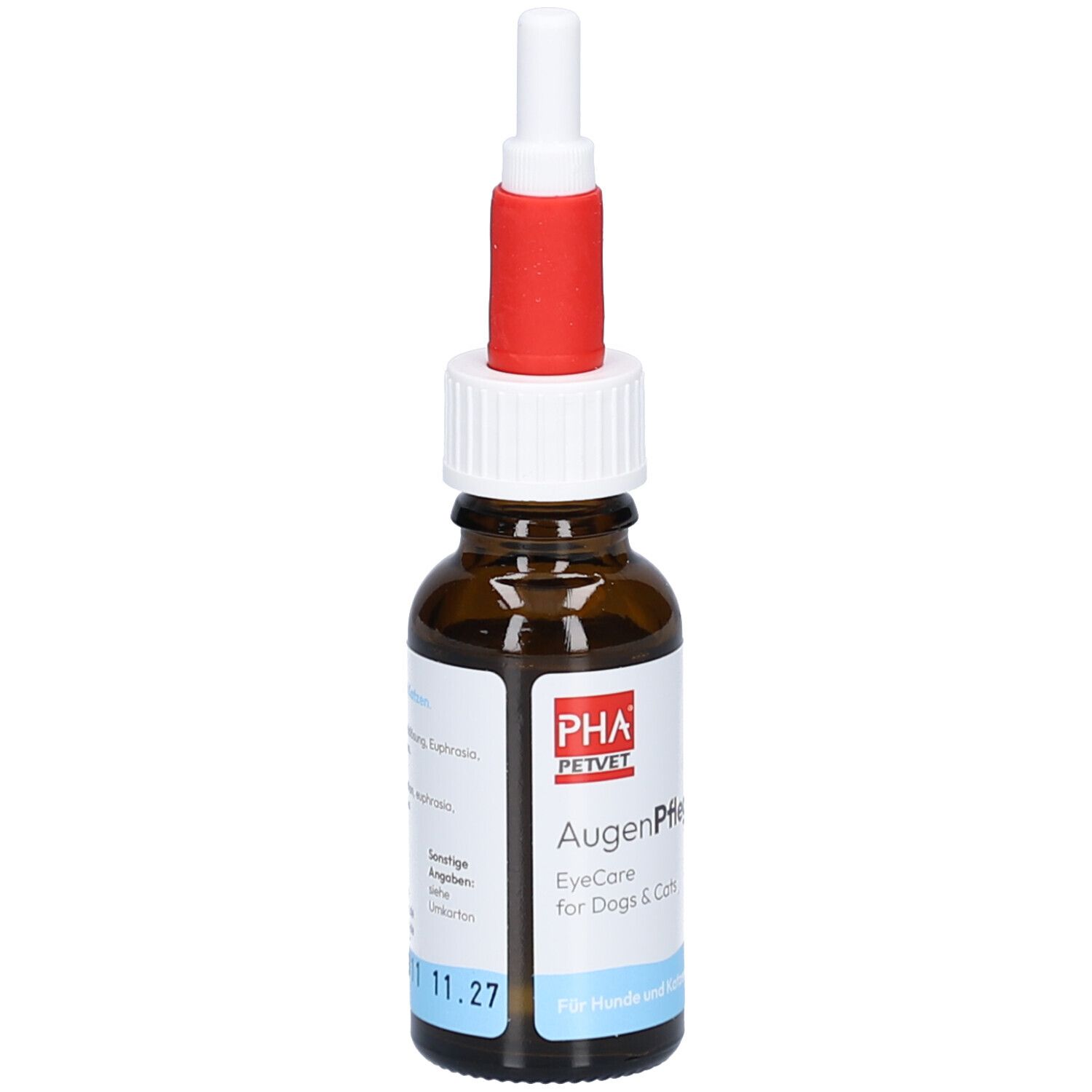 Flacon en verre brun avec bouchon blanc et rouge. Étiquette avec informations sur le produit et date de péremption. Gouttes pour chiens et chats.