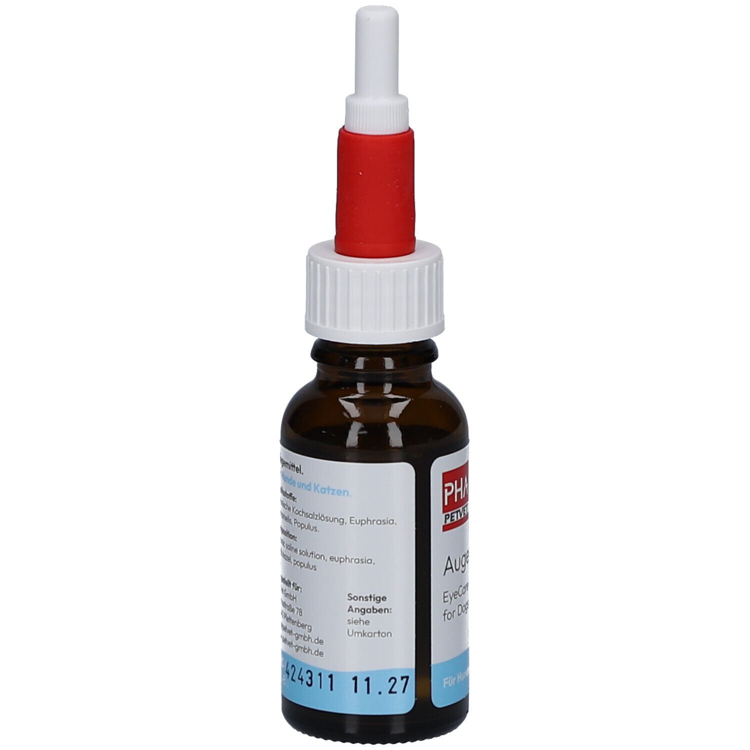 Flacon en verre brun avec bouchon blanc et rouge. Étiquette avec informations sur le produit et date de péremption. Gouttes pour chiens et chats.