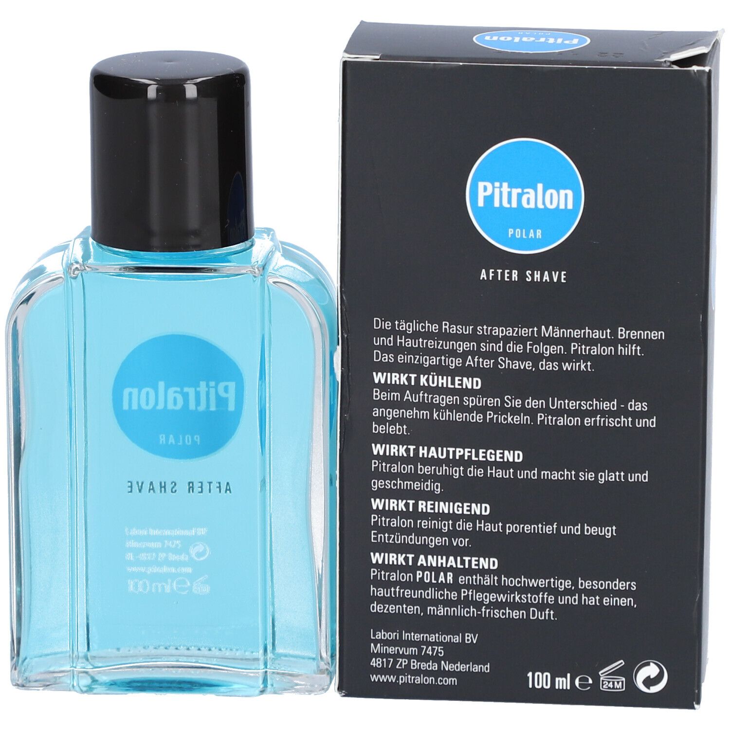 Flesje blauwe vloeistof en zwarte dop, naast zwarte doos met tekst. Tekst in het Duits.