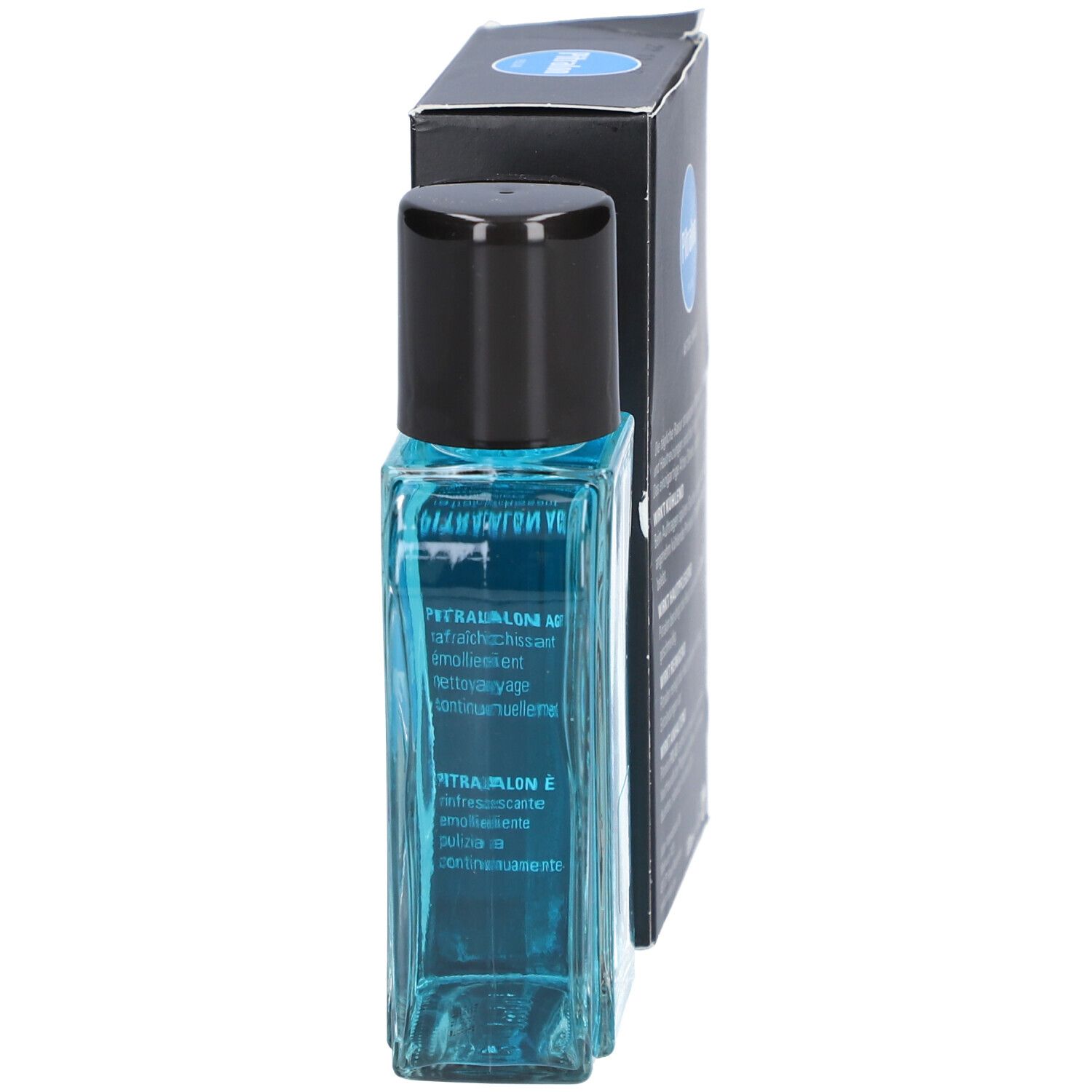 Flesje blauwe vloeistof en zwarte dop, naast zwarte doos met tekst. Tekst in het Duits.