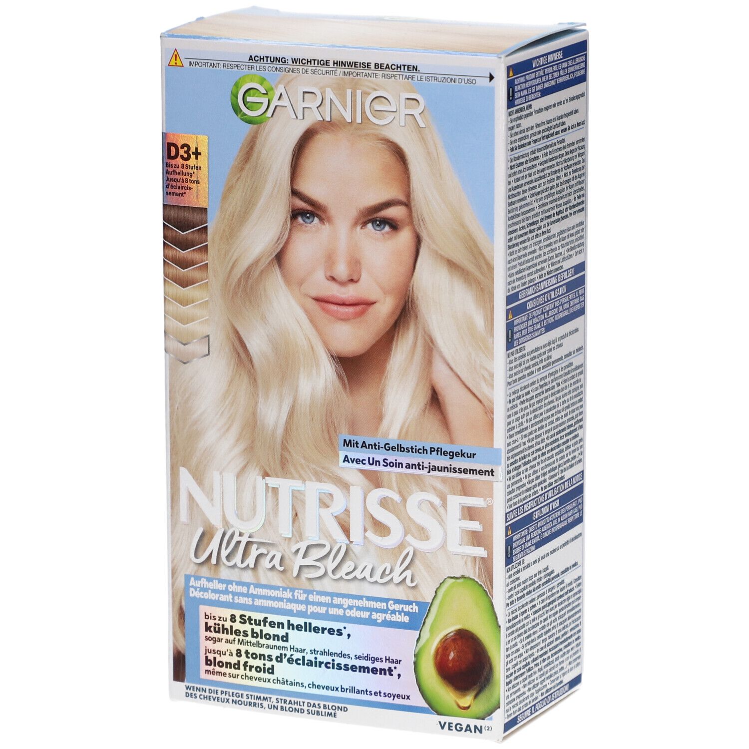 Verpakking van Garnier Nutrisse Ultra Bleach. Bedrukt met vrouw, avocado en productinformatie.