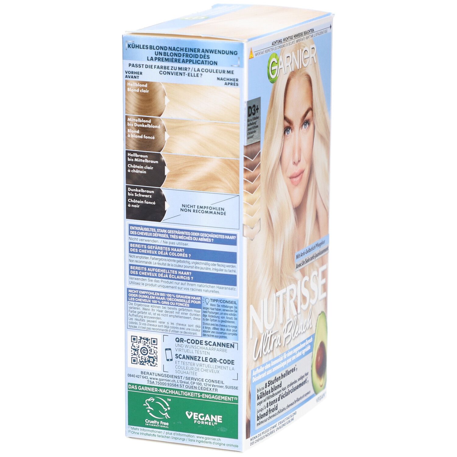Garnier Nutrisse Ultra Bleach verpakking. Zijaanzicht met productinformatie en QR-code.