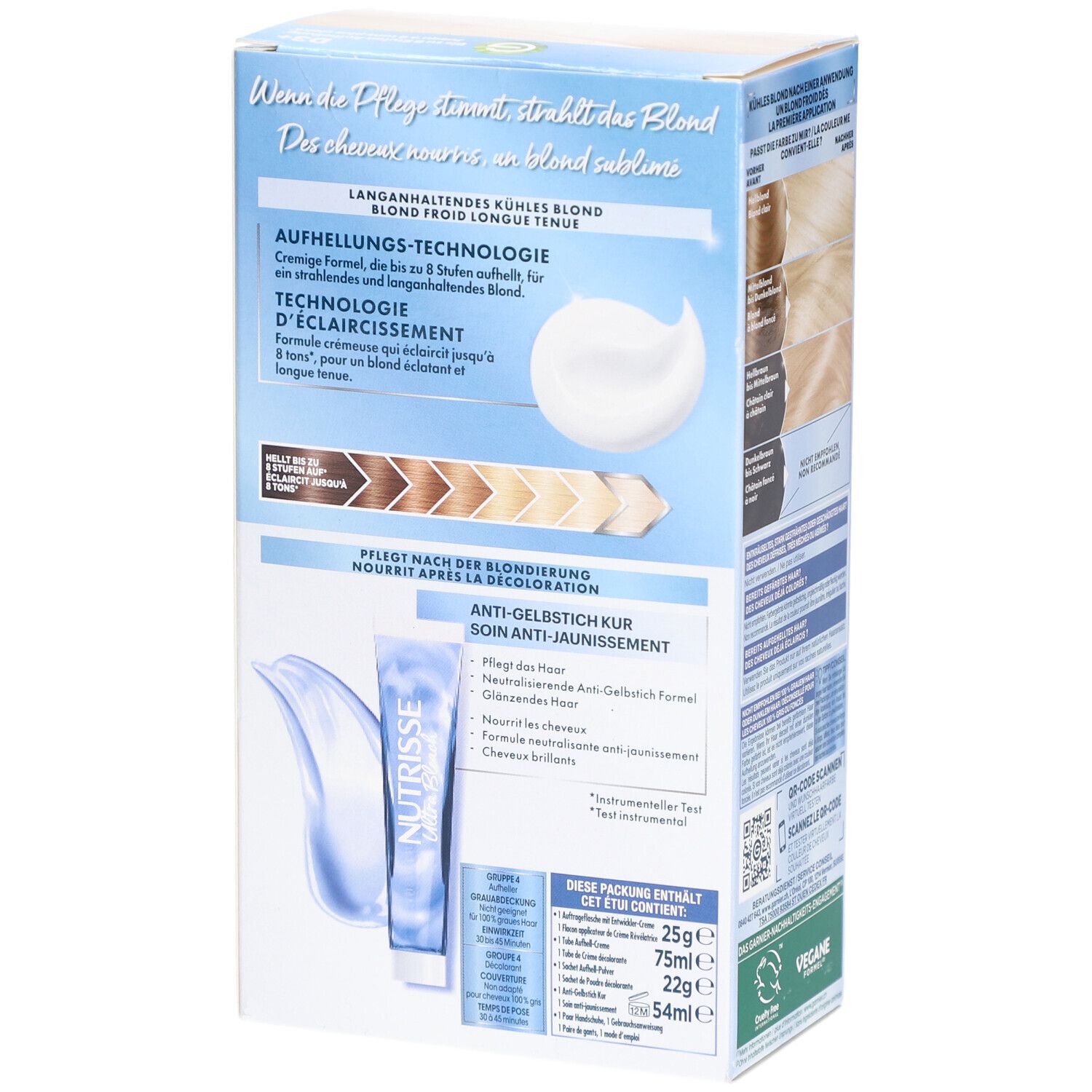 Achterkant van de Garnier Nutrisse Ultra Bleach verpakking. Productinformatie en afbeelding van de verzorging.