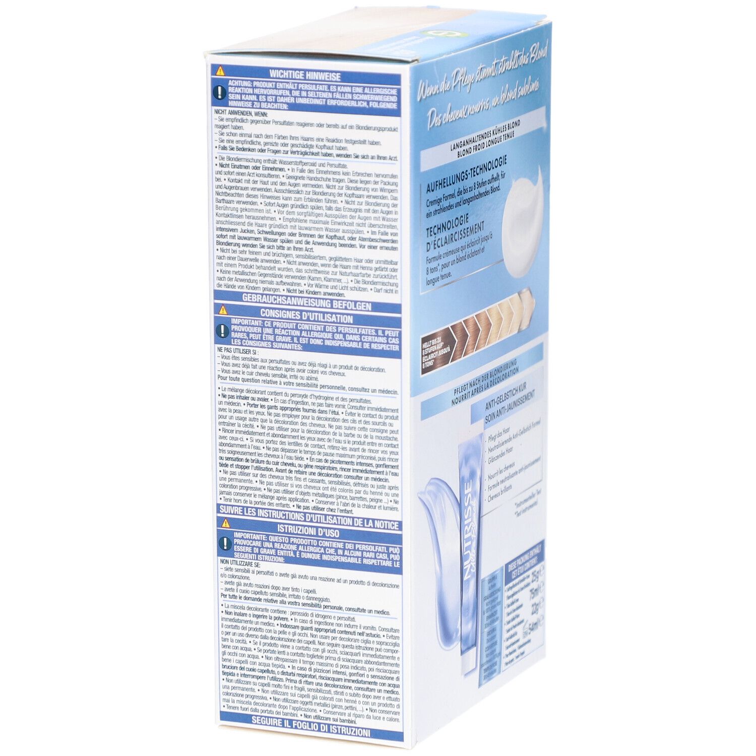 Garnier Nutrisse Ultra Bleach verpakking. Zijaanzicht met productinformatie en instructies.