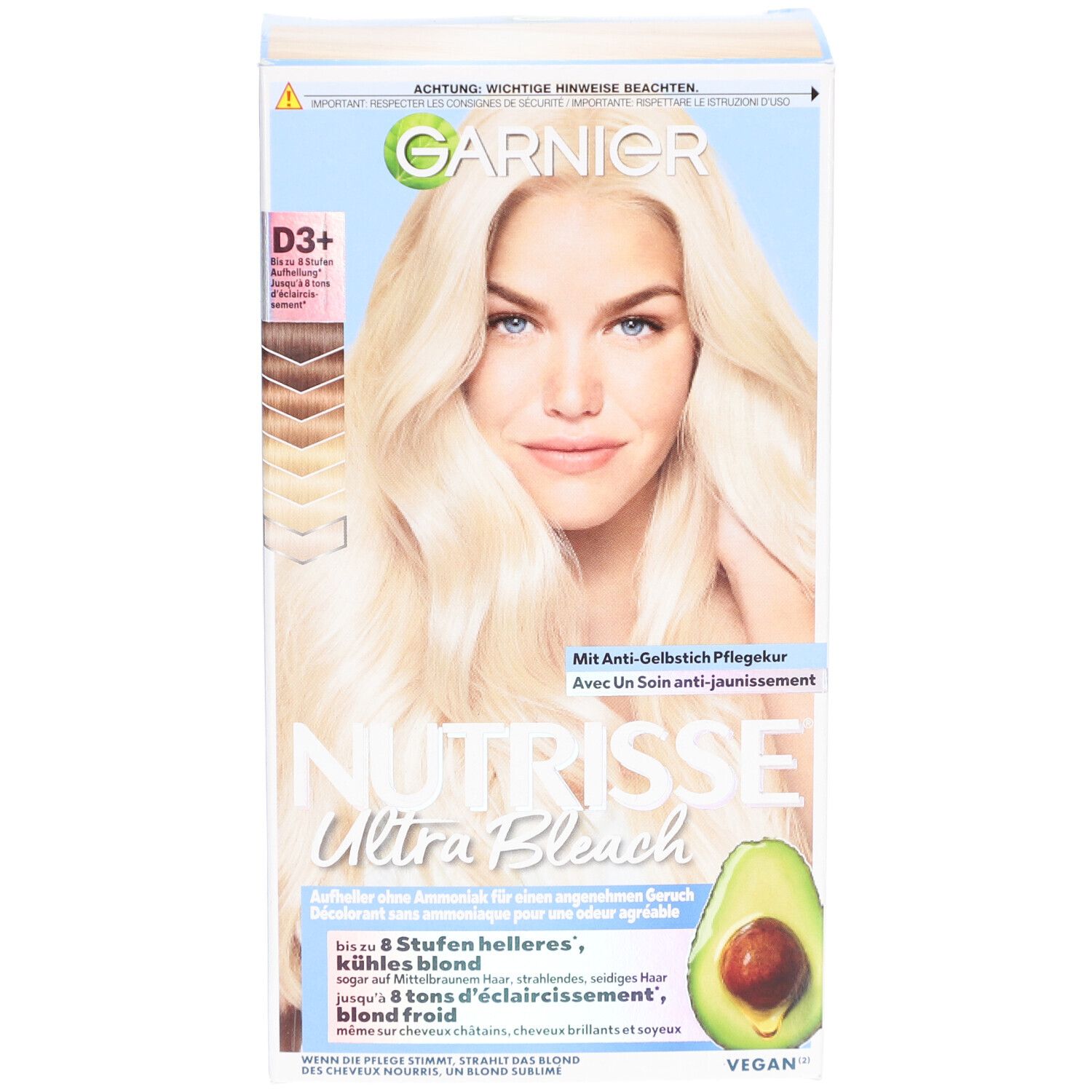 Garnier Nutrisse Ultra Bleach verpakking. Vooraanzicht met vrouw, avocado en productinformatie.
