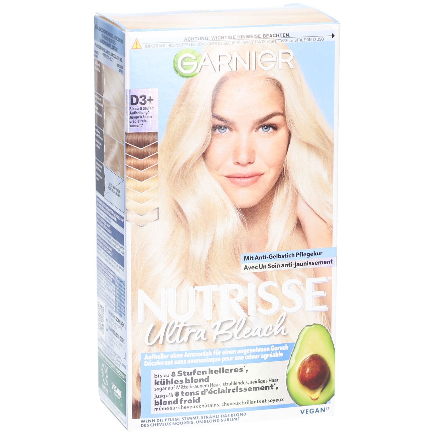 Garnier Nutrisse Ultra Bleach verpakking. Vooraanzicht met vrouw, avocado en productinformatie.