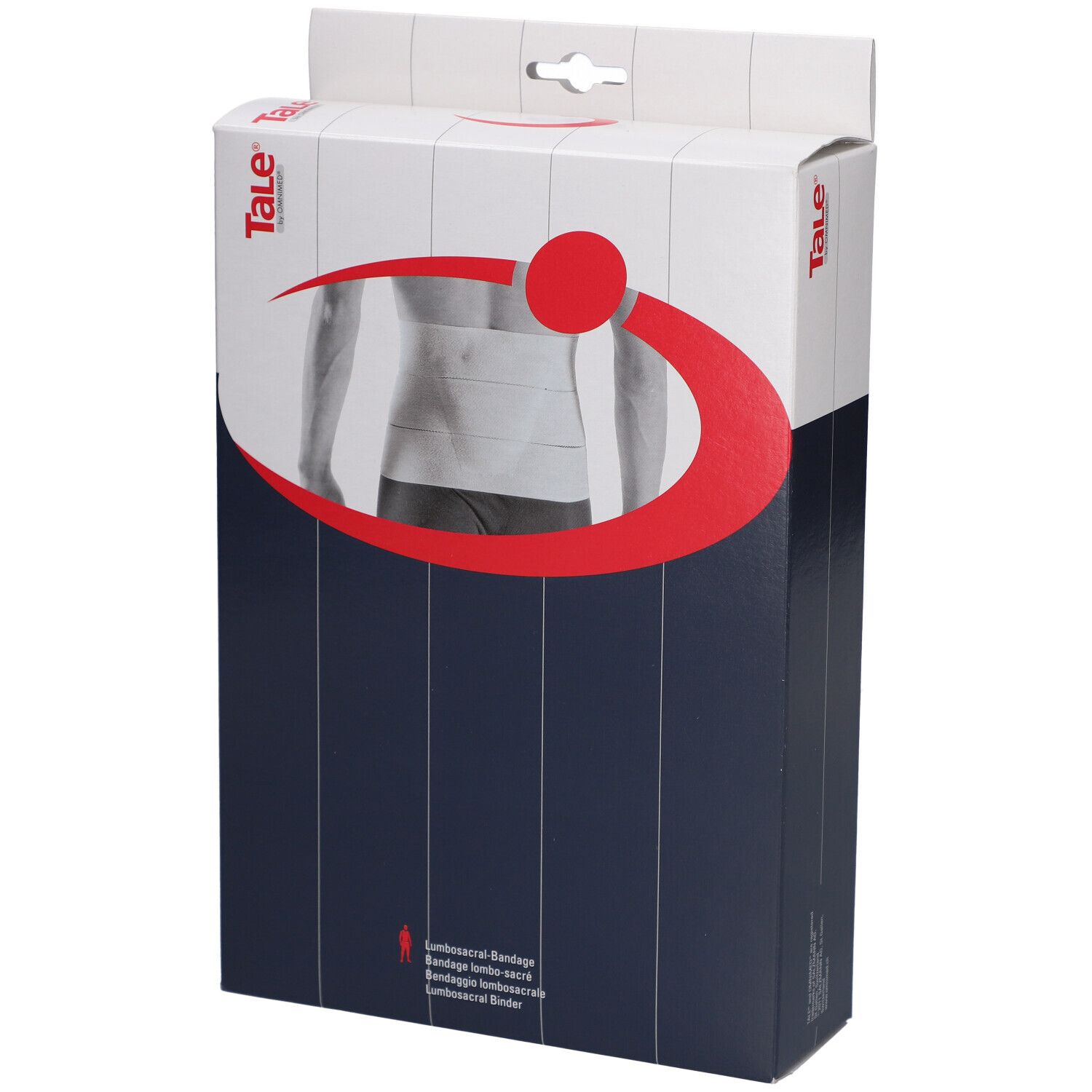 Verpakking met productafbeelding. Merk Tale®. Rode cirkel en boog. Product: Lumbosacraalverband. Wit verbandmodel.