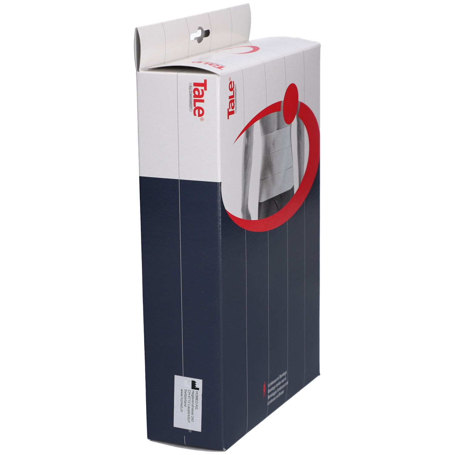 Verpakking, zijaanzicht. Merk Tale®. Wit en blauw kleurenschema. Productafbeelding. Opdruk: L. Ophanggat.