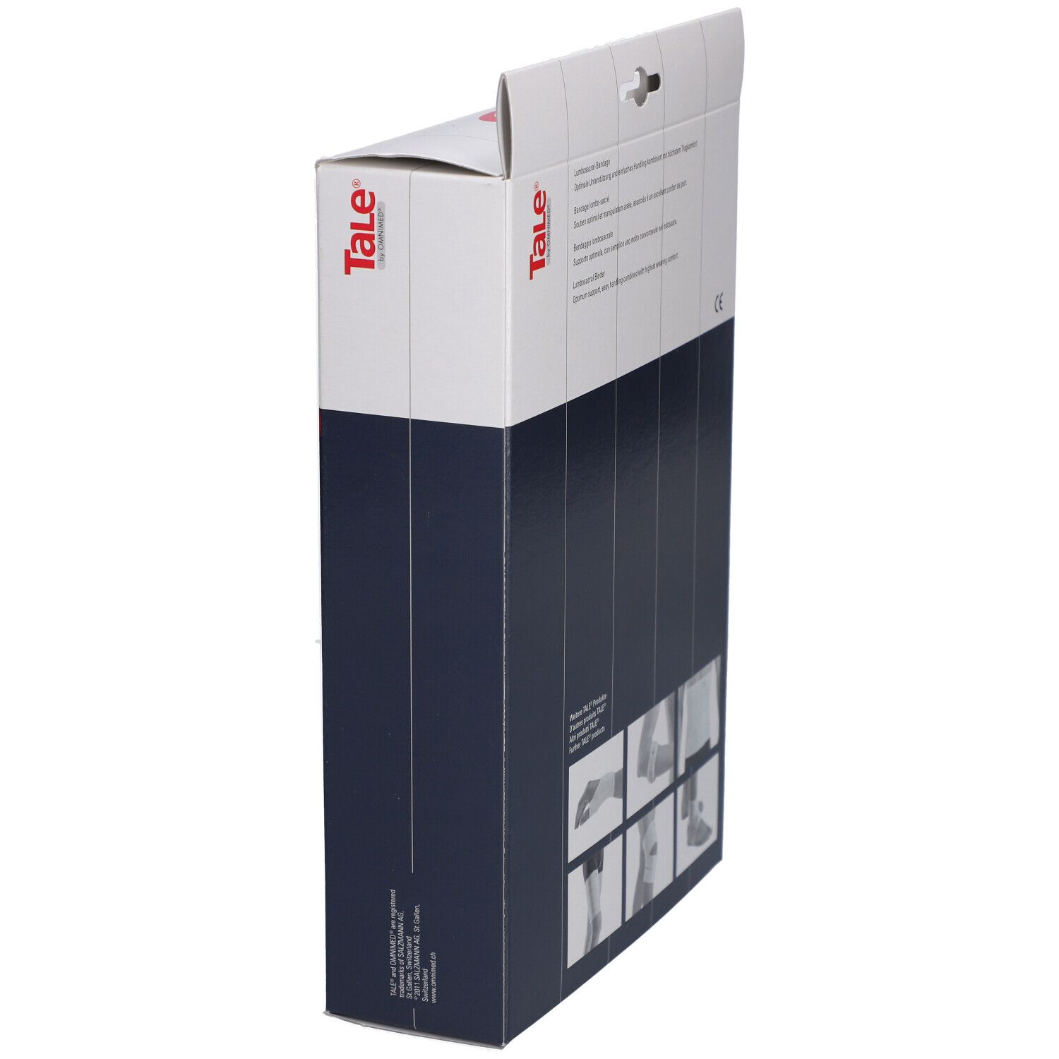 Zijaanzicht van de verpakking. Merk Tale®. Productinformatie. Toepassingsillustraties. Ophanggat.