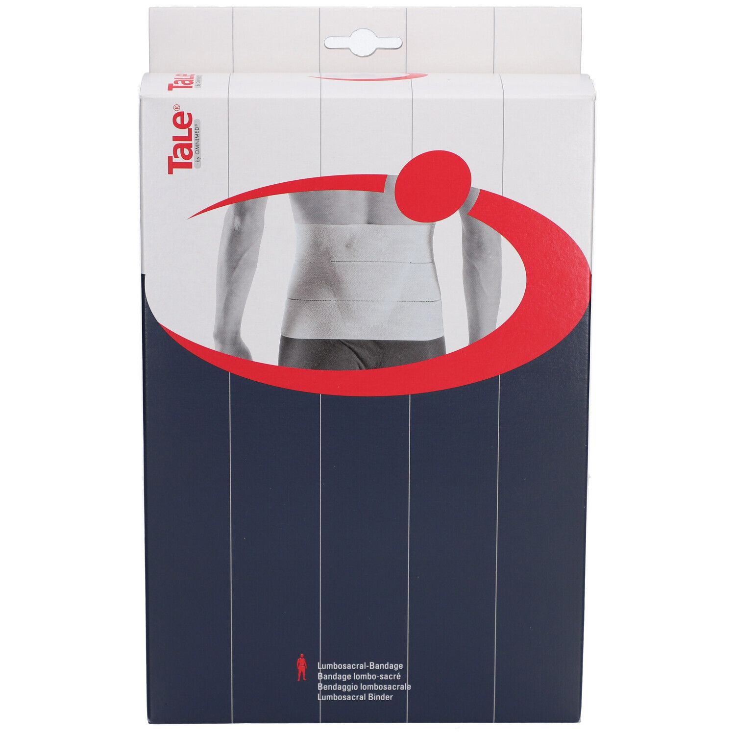 Verpakking met productafbeelding. Merk Tale®. Rode cirkel en boog. Product: Lumbosacraalverband. Wit verbandmodel.