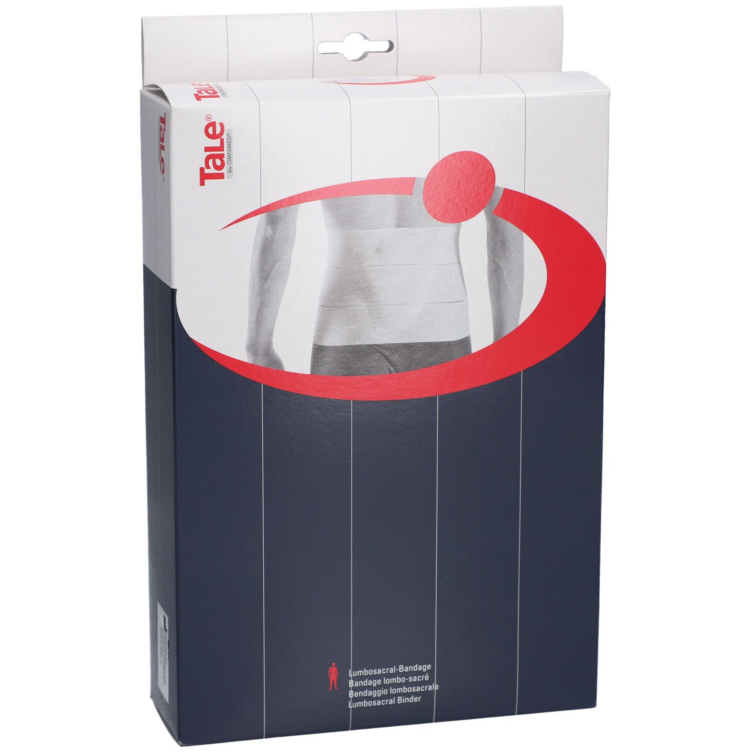 Verpakking met productafbeelding. Merk Tale®. Rode cirkel en boog. Product: Lumbosacraalverband. Wit verbandmodel.
