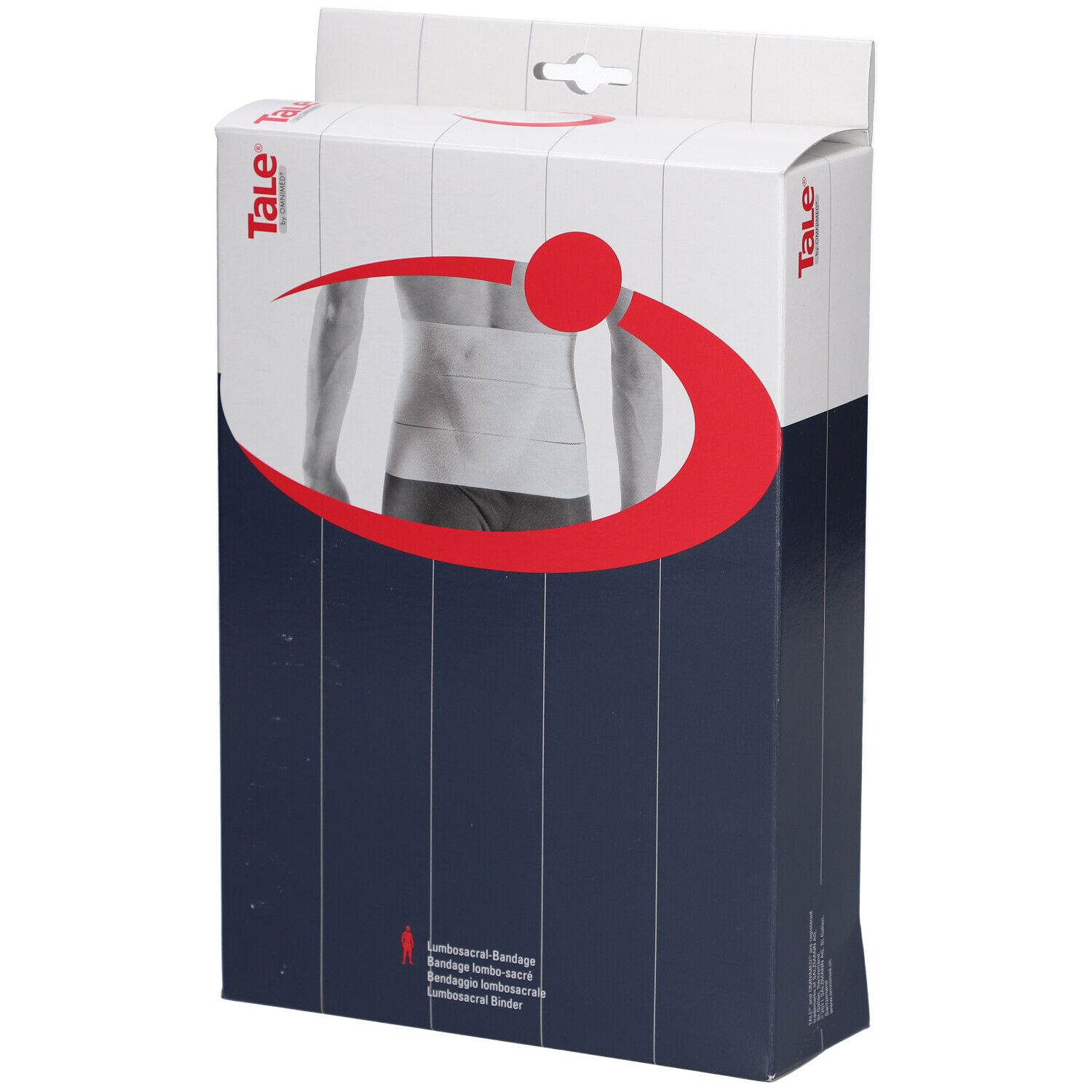 Verpakking van de Tale® Lumbosacrale Bandage. Witte doos met rode boog en productafbeelding. Merk Tale® zichtbaar.