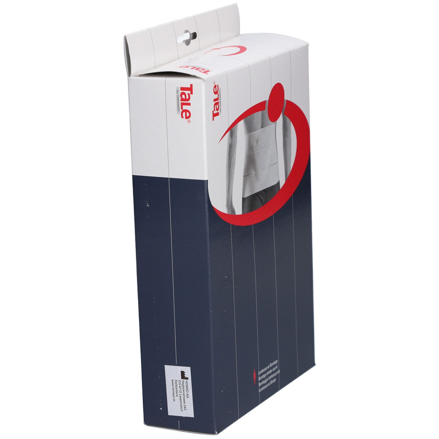 Zijaanzicht van de Tale® Lumbosacrale Bandage verpakking. Wit-blauwe doos met merk Tale® en productafbeelding. Bedrukking.