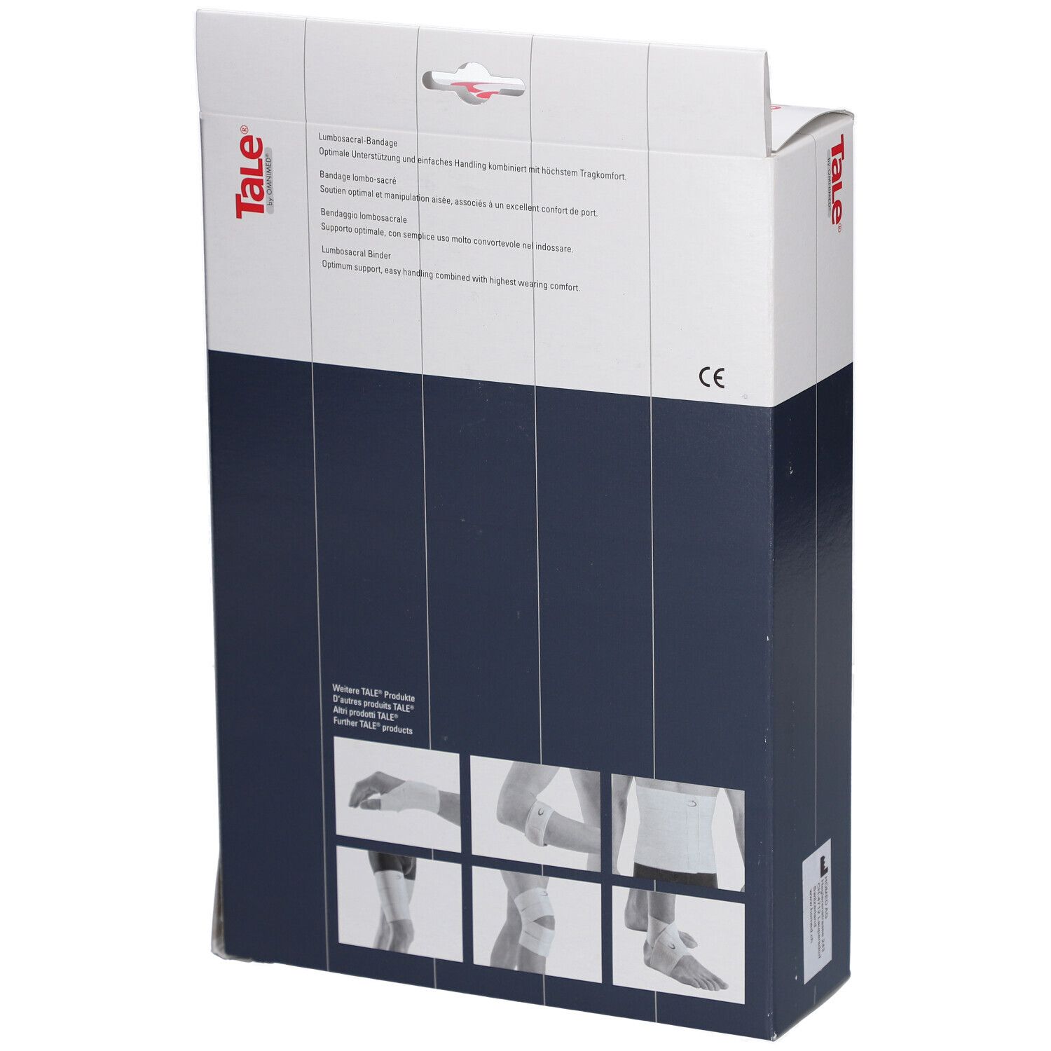 Achterkant van de Tale® Lumbosacrale Bandage verpakking. Wit-blauwe doos met productinformatie, afbeeldingen en CE-markering.