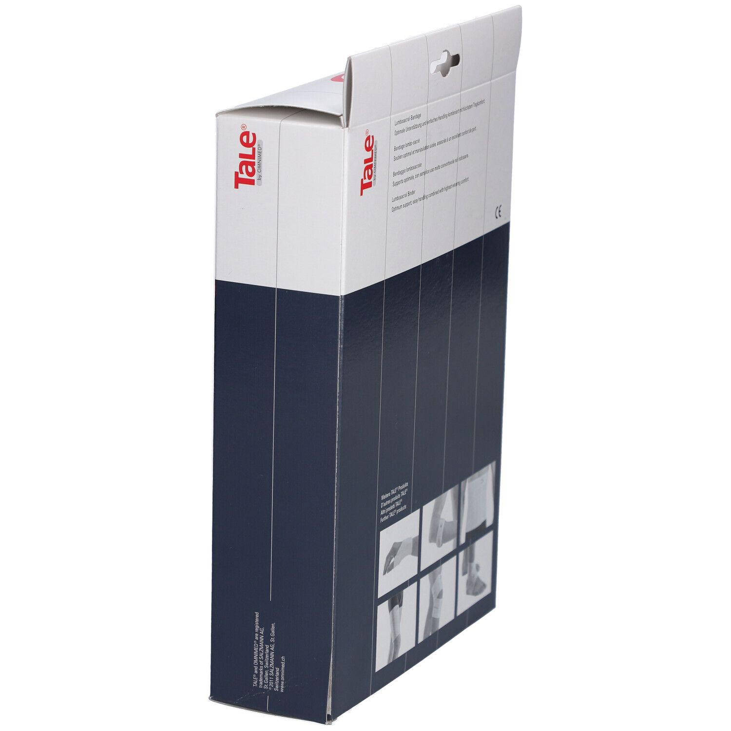 Zijaanzicht van de Tale® Lumbosacrale Bandage verpakking. Wit-blauwe doos met productinformatie en afbeeldingen.