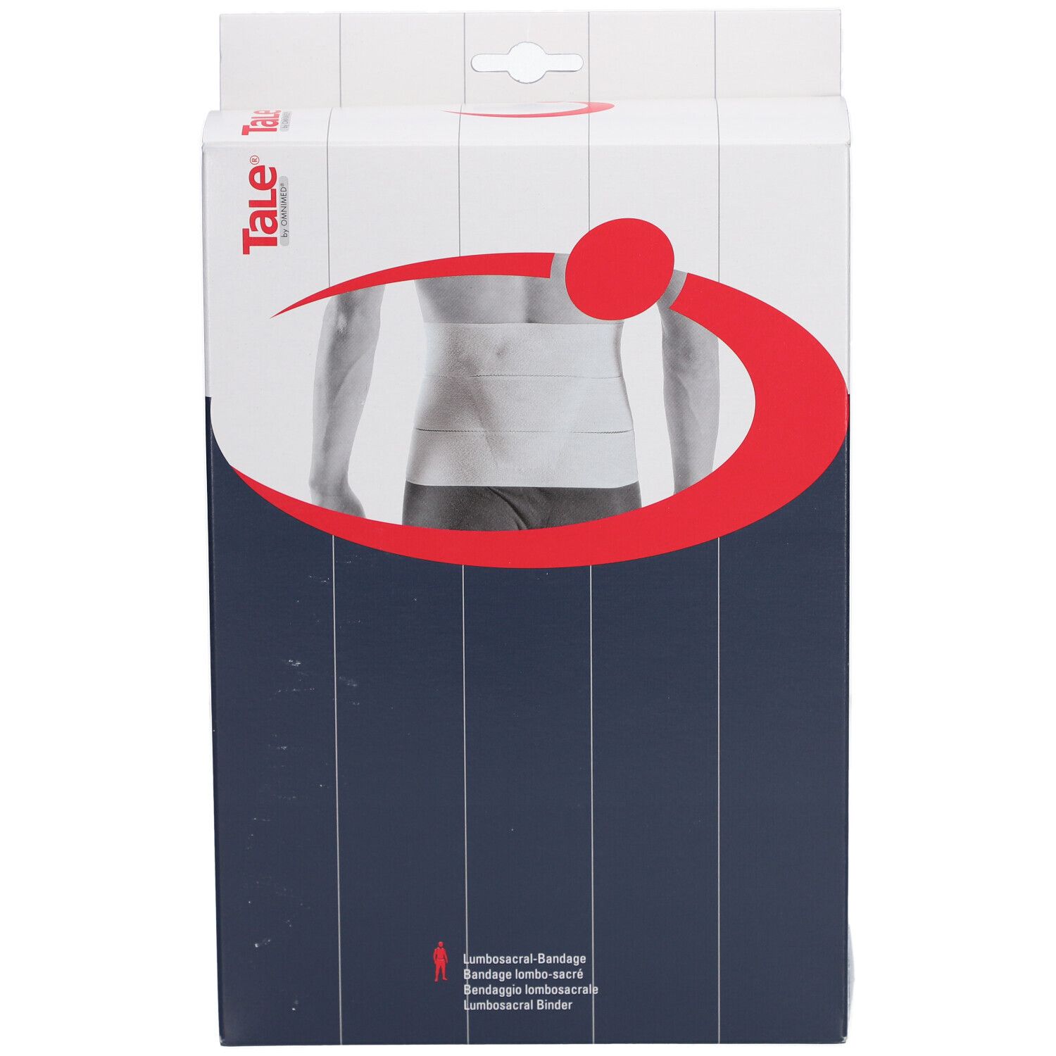 Vooraanzicht van de Tale® Lumbosacrale Bandage verpakking. Witte doos met rode boog en productafbeelding. Merk Tale® zichtbaar.