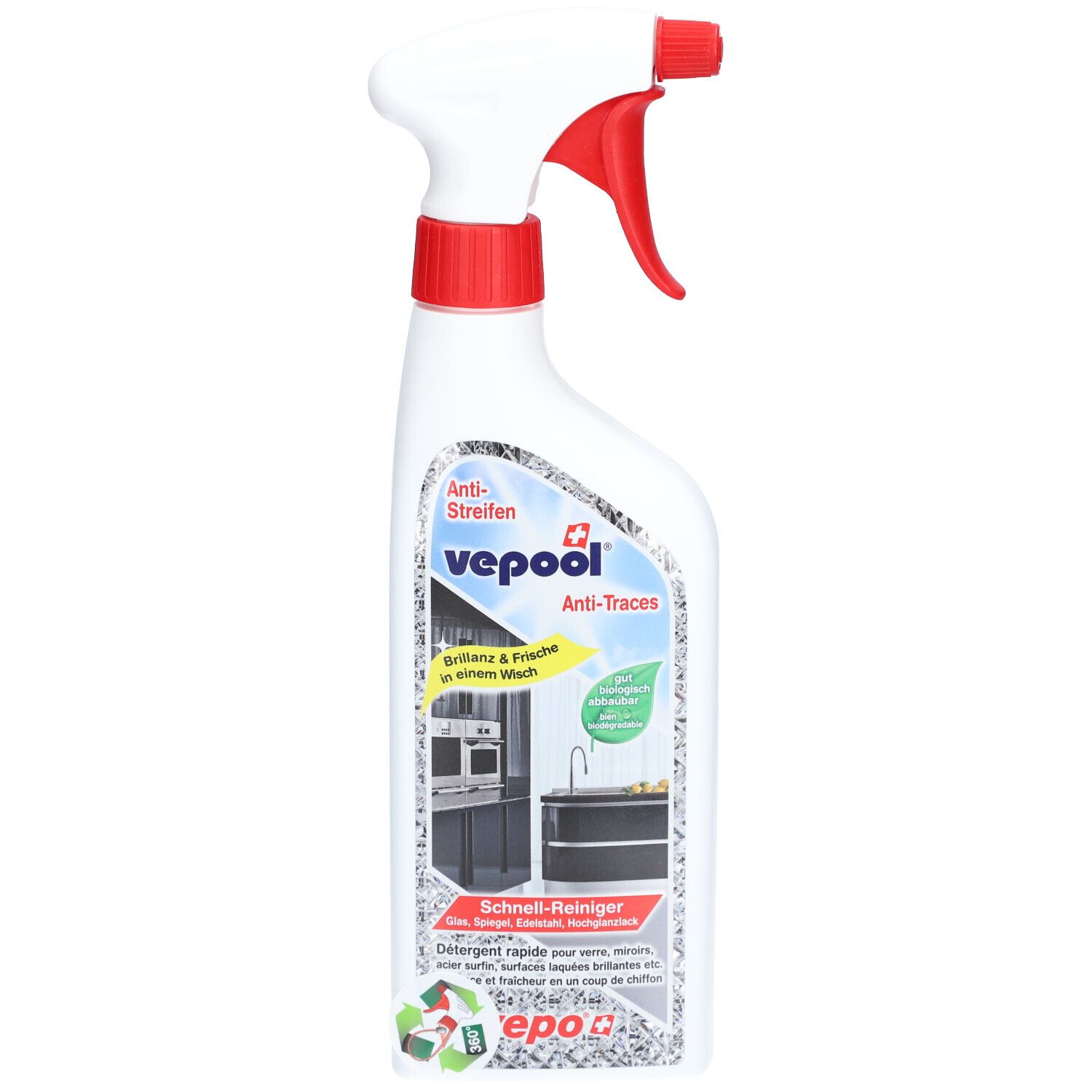 Witte spuitfles met rode spuitkop. Etiket met productnaam en afbeelding van een keuken. Tekst: Anti-strepen.