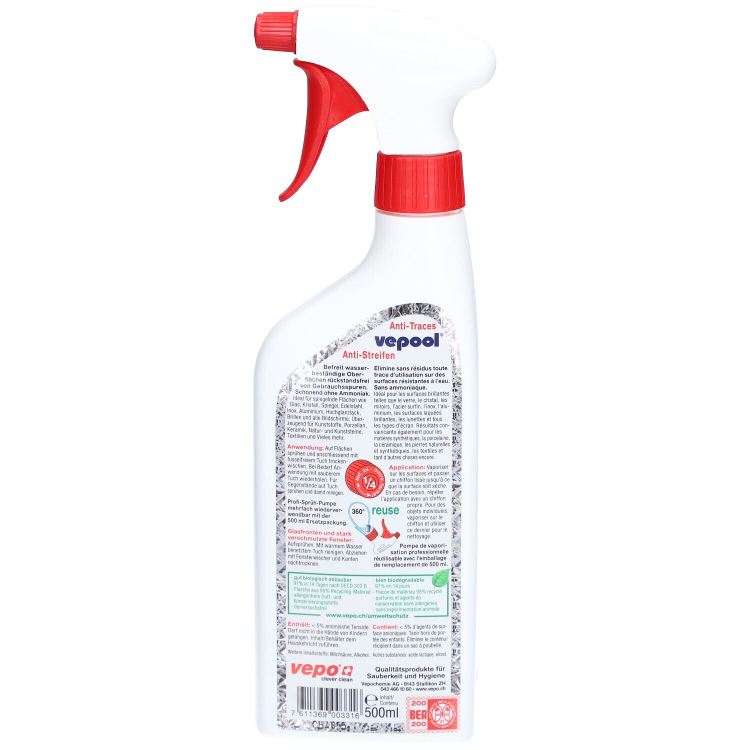 Achterkant van de witte spuitfles. Etiket met tekst en pictogrammen. Productnaam: vepool. Tekst: Anti-strepen.