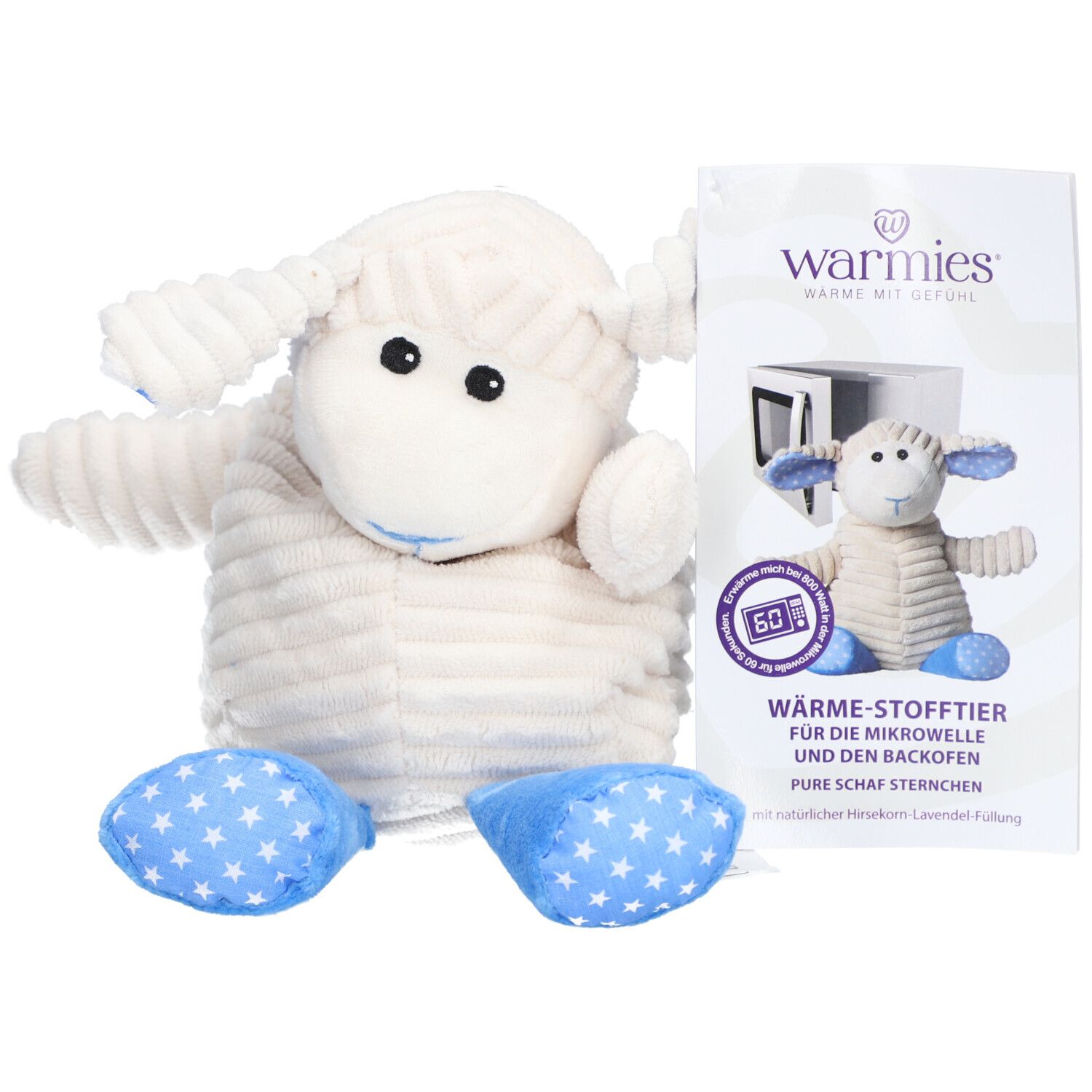 Peluche mouton blanc, pieds étoiles bleues. Emballage avec logo "warmies".