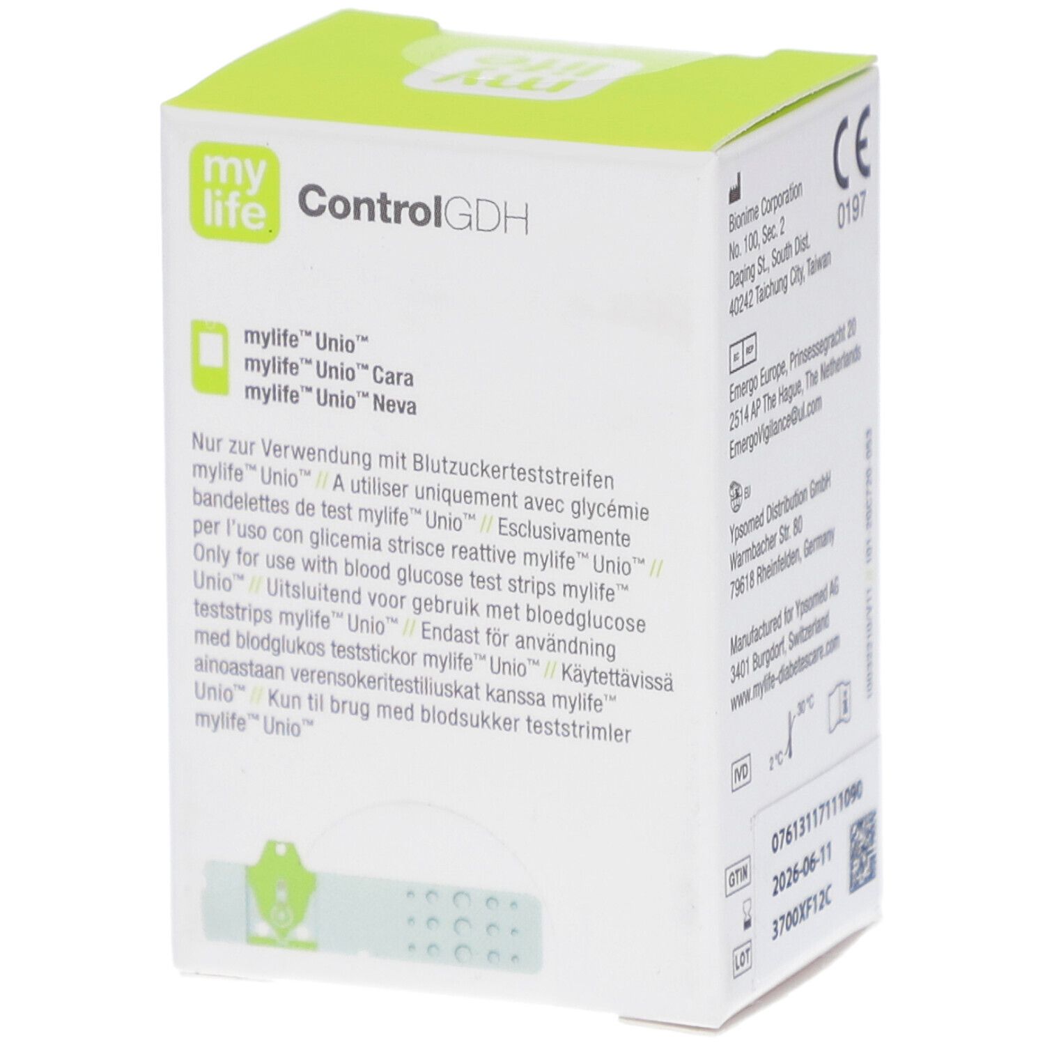 Emballage pour solution de contrôle my life ControlGDH avec description multilingue.