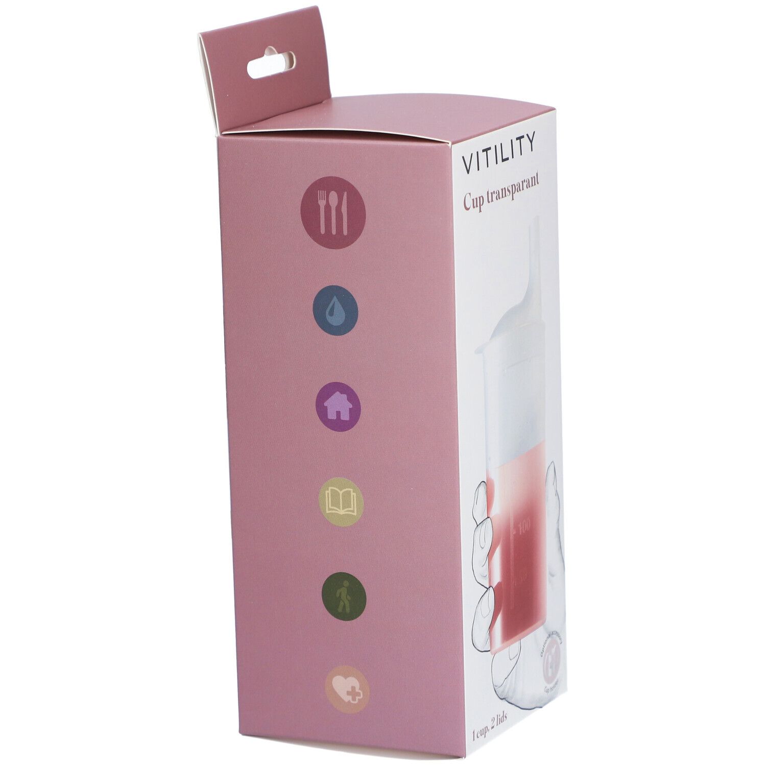 Roze verpakking met VITILITY-logo en productafbeelding. Zijaanzicht met symbolen en productnaam.