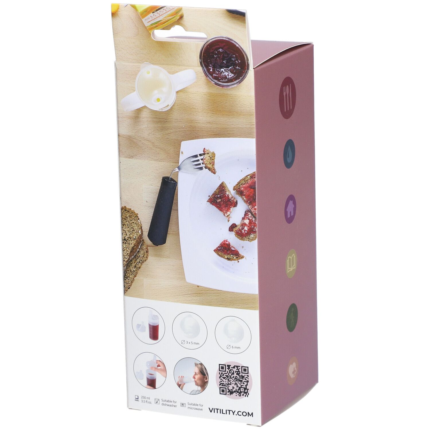 Open verpakking met productafbeeldingen. Beker, vork, brood, jam. Roze doos met productafbeeldingen.