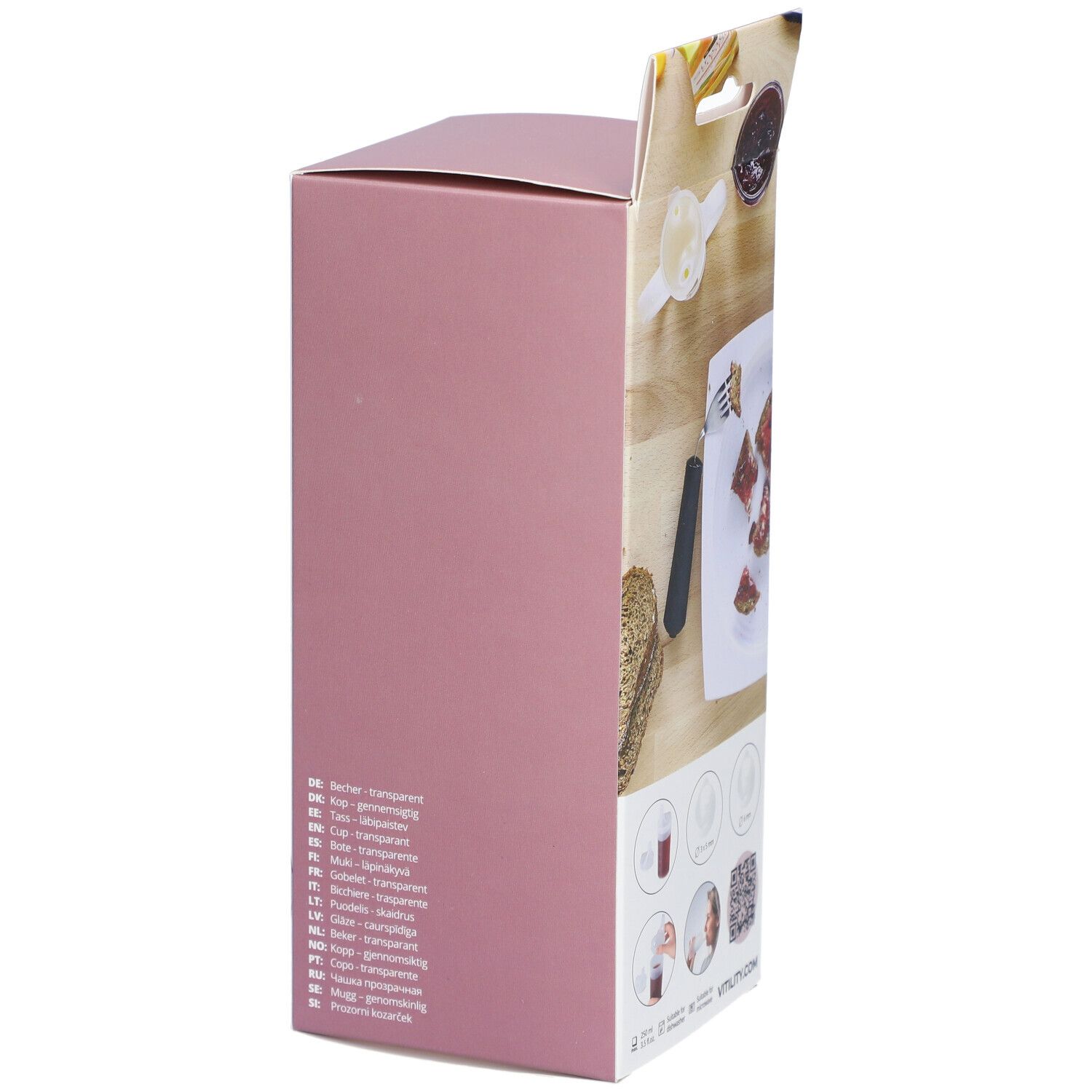 Open verpakking met productafbeeldingen. Roze doos met productinformatie en QR-code.