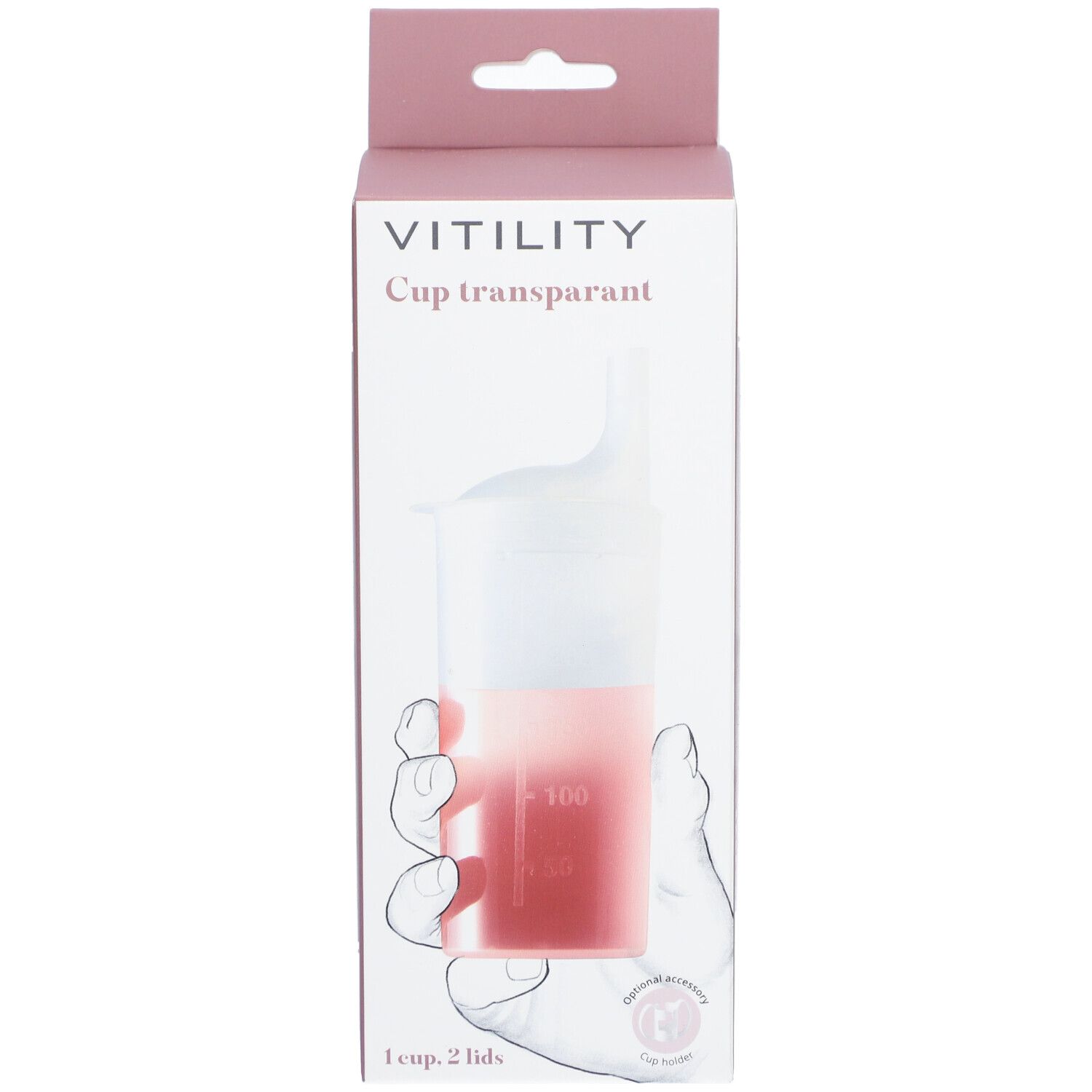 Verpakking met transparante beker. Merk VITILITY. Beker met deksel, roze doos met productafbeelding.