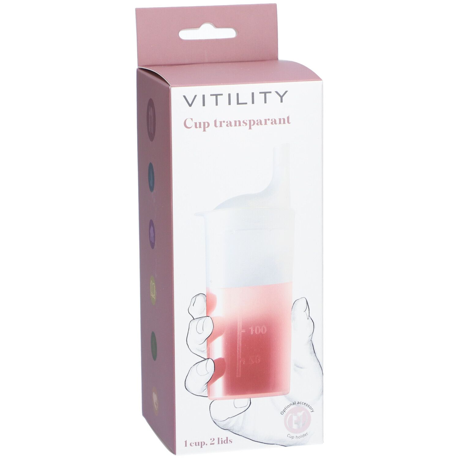 Verpakking met transparante beker. Merk VITILITY. Beker met deksel, roze doos met productafbeelding.