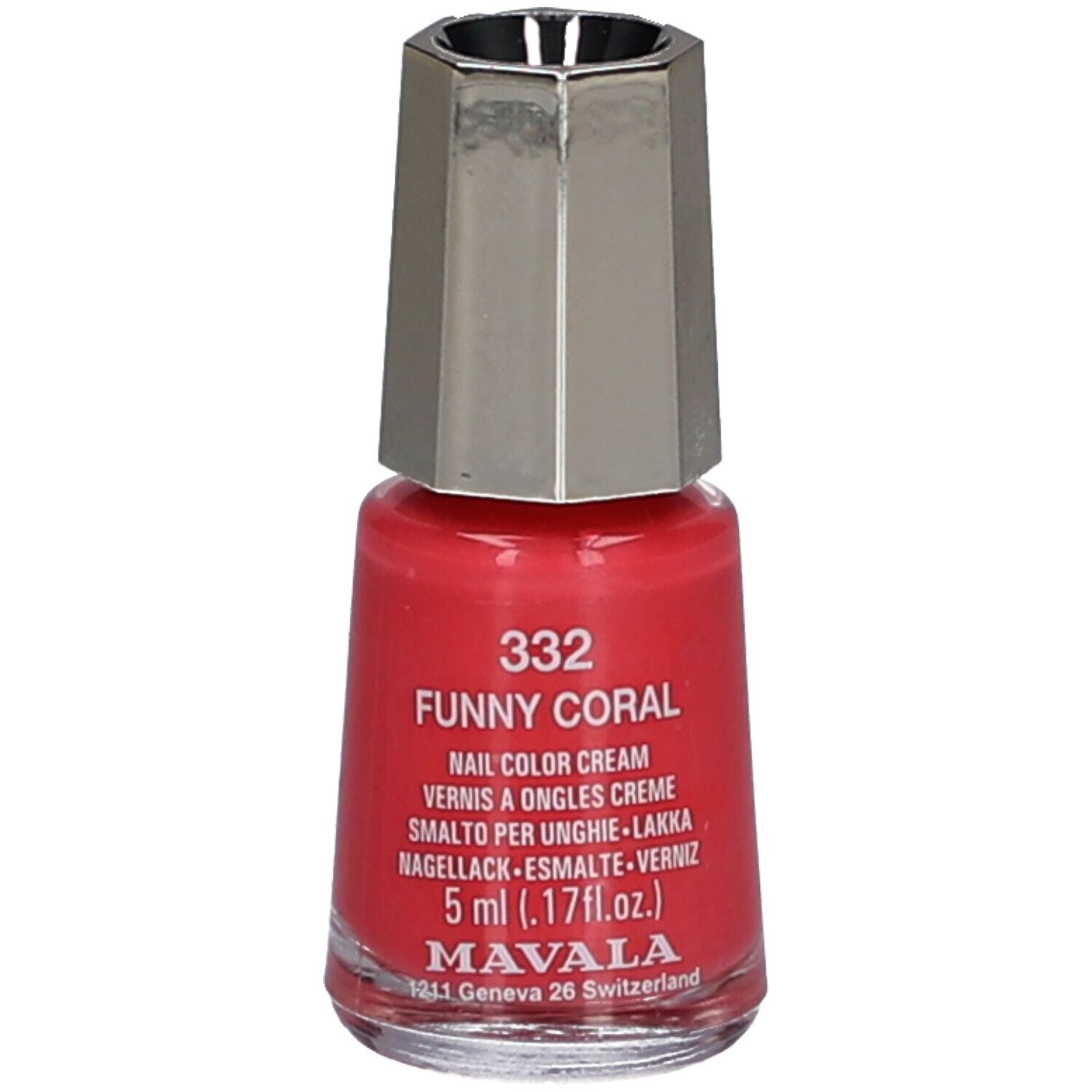 Flacon de vernis à ongles corail. Inscription : 332 Funny Coral, Nail Color Cream, 5 ml. Marque : Mavala.