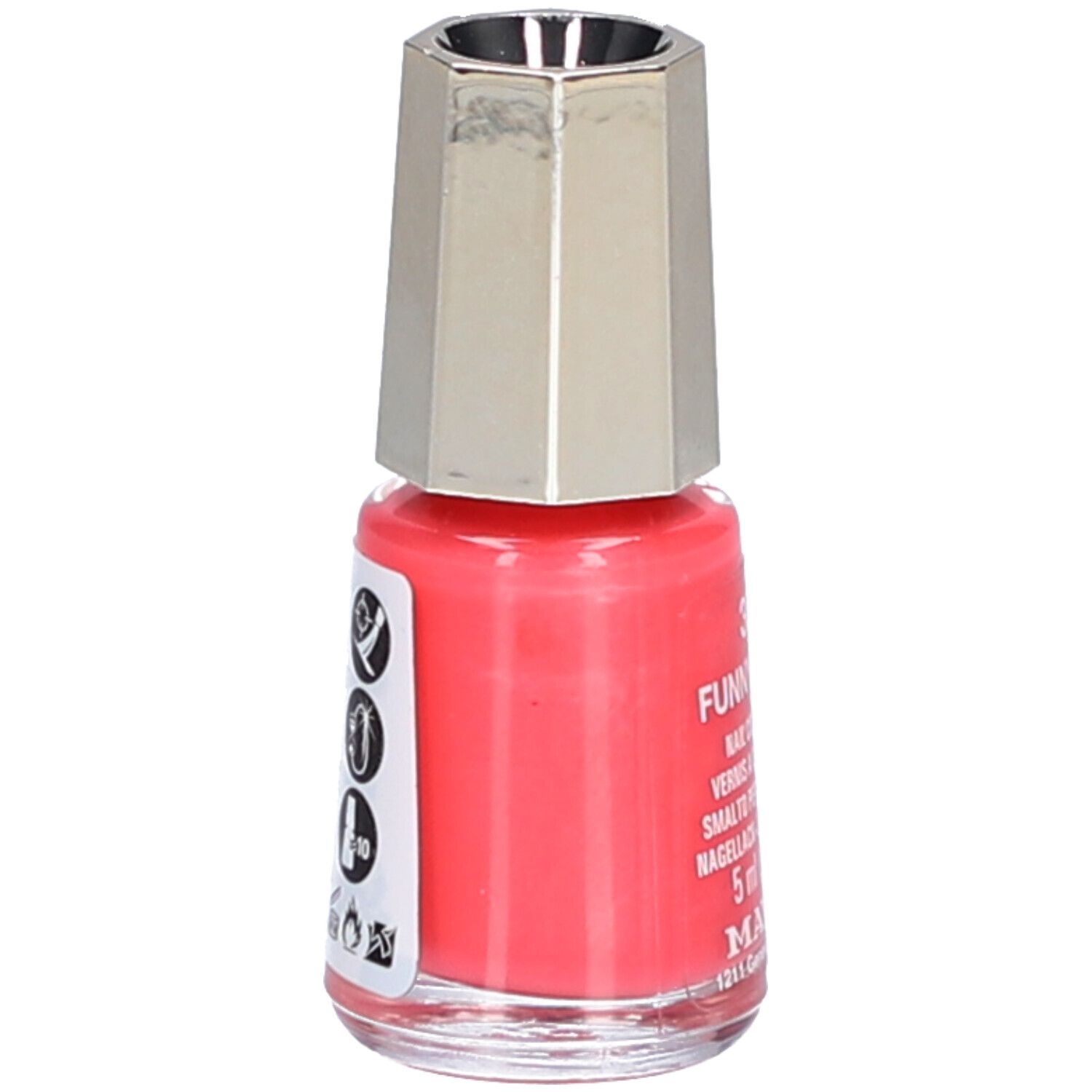 Flacon de vernis à ongles corail. Dos avec symboles et texte. Marque : Mavala.