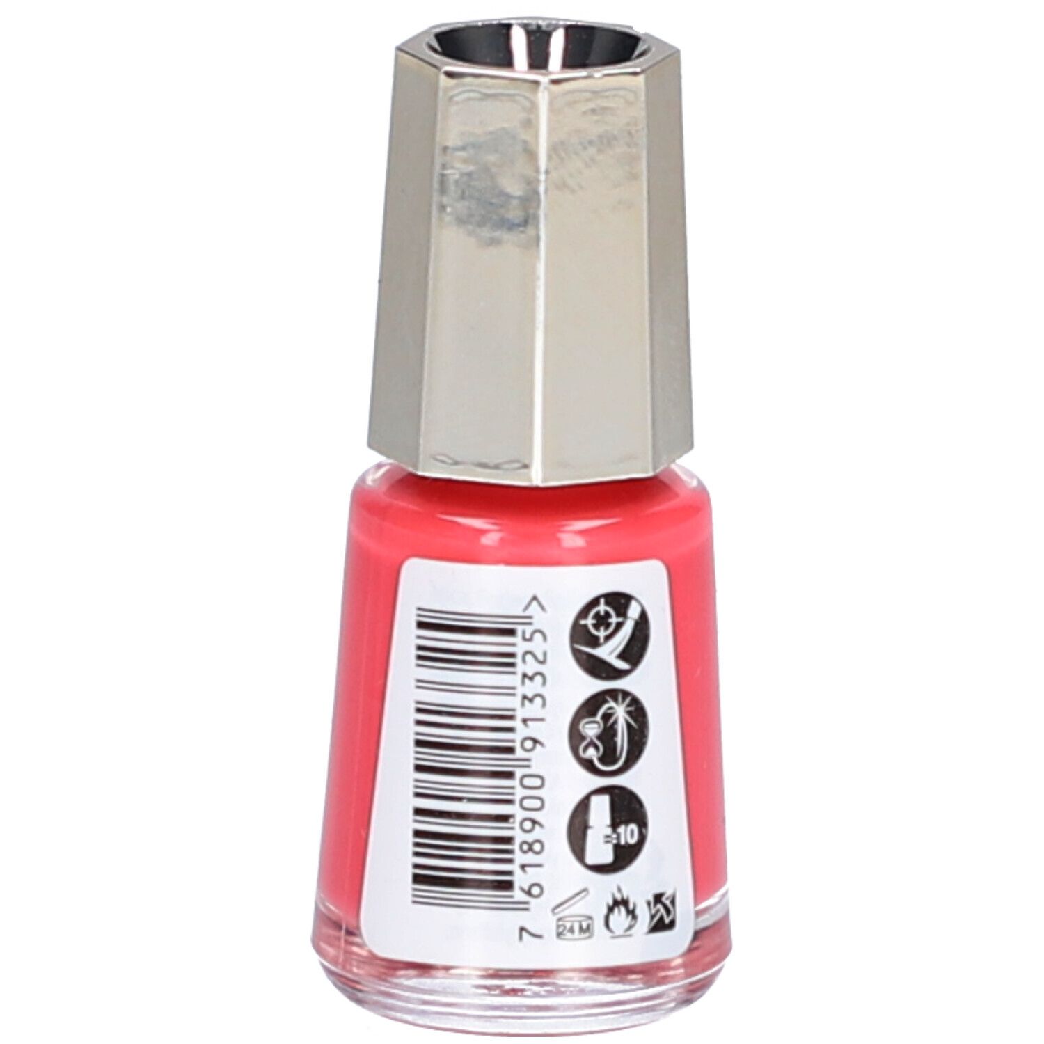 Flacon de vernis à ongles corail. Dos avec code-barres et symboles. Marque : Mavala.
