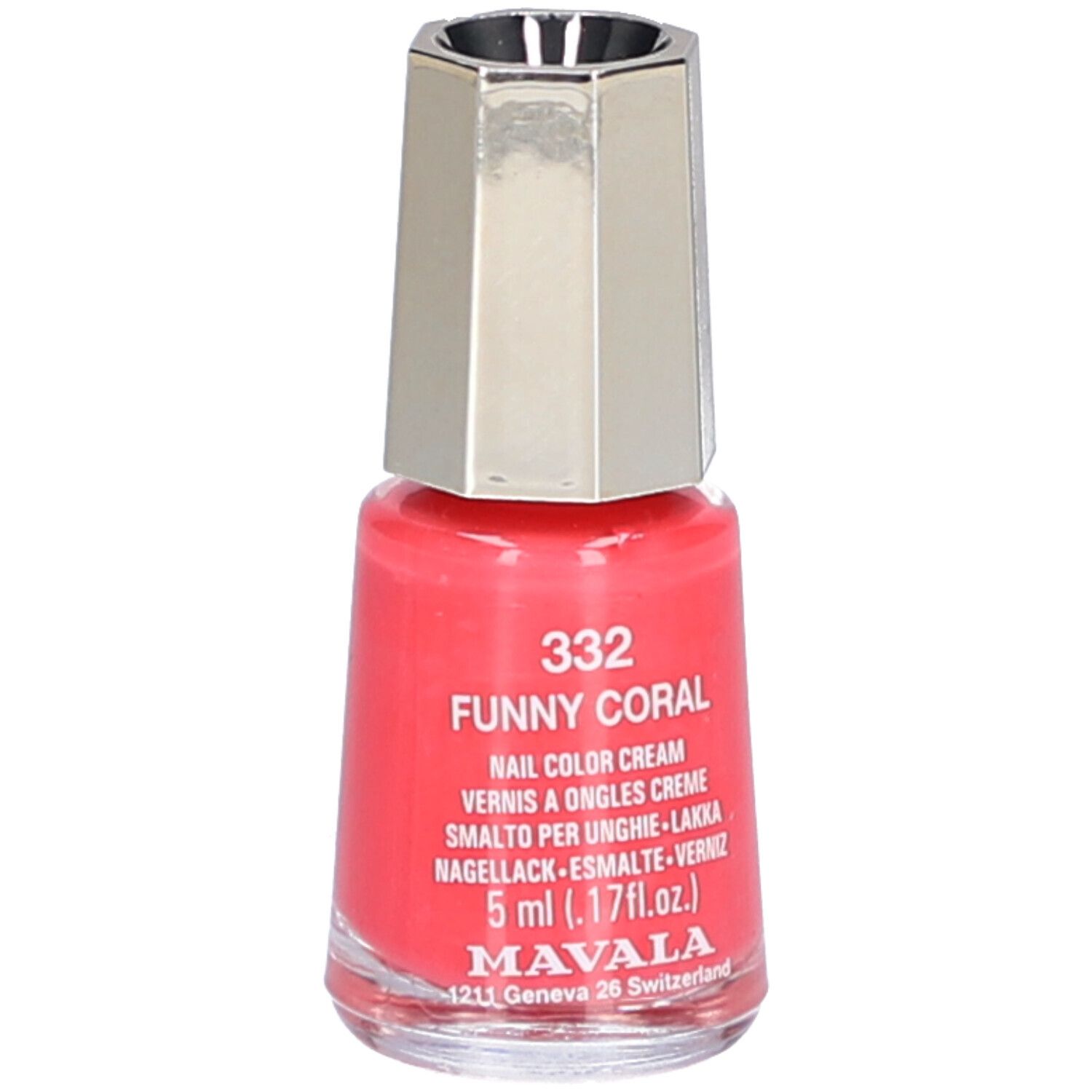 Flacon de vernis à ongles corail. Inscription : 332 Funny Coral, Nail Color Cream, 5 ml. Marque : Mavala.