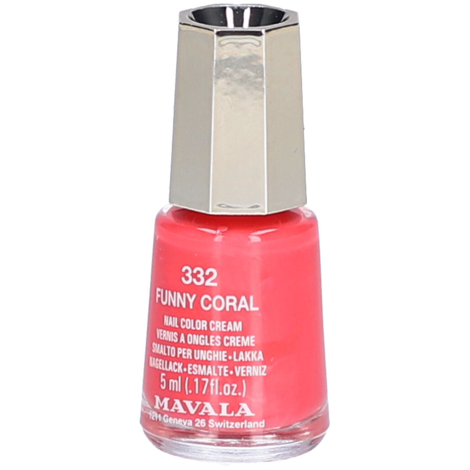 Flacon de vernis à ongles corail. Inscription : 332 Funny Coral, Nail Color Cream, 5 ml. Marque : Mavala.