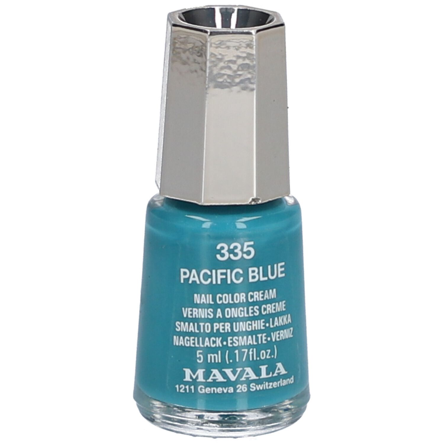 Flacon de vernis à ongles Pacific Blue, 5 ml. Bouchon argenté. Marque Mavala. Inscription : 335 Pacific Blue.