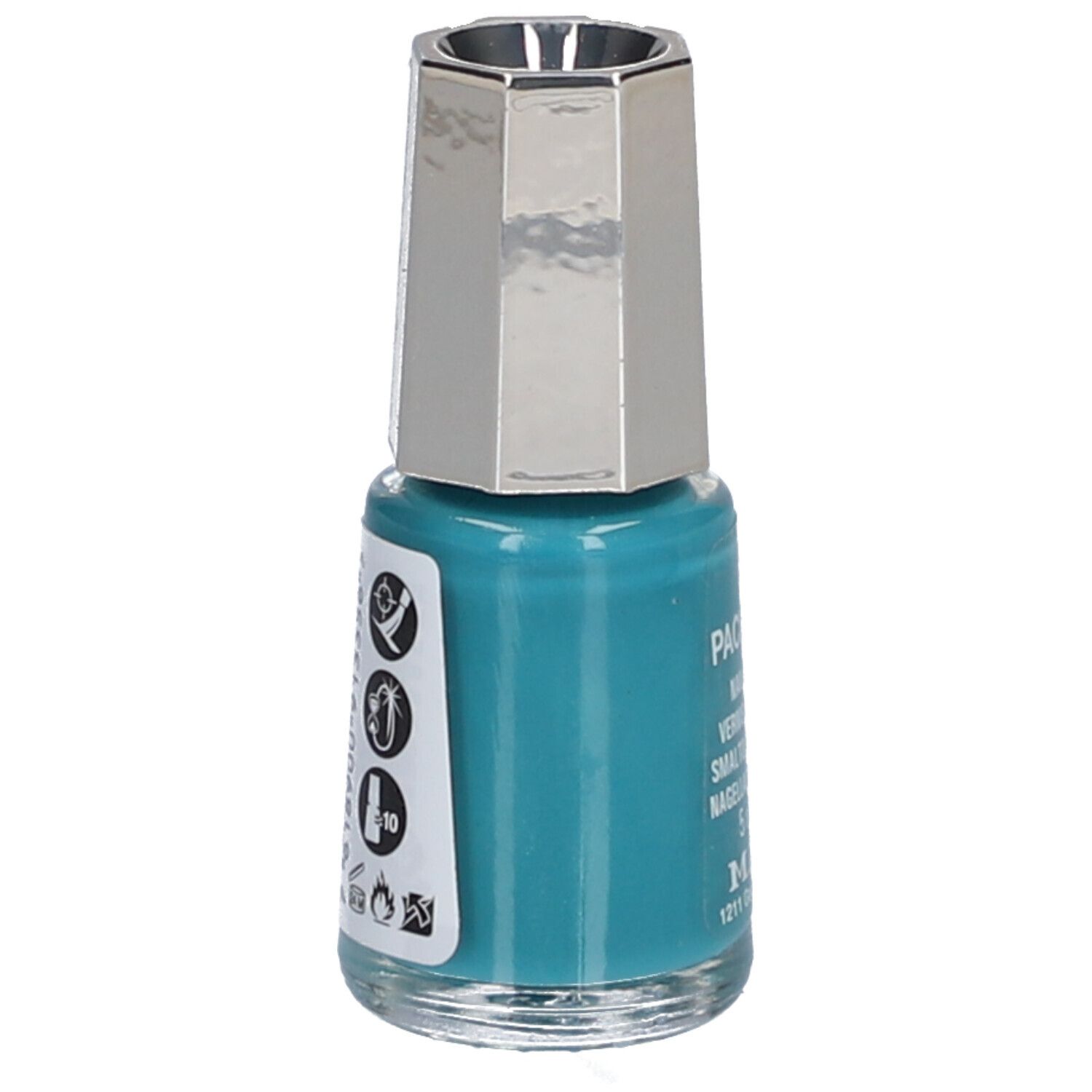 Flacon de vernis à ongles Pacific Blue. Autocollant avec symboles. Bouchon argenté. Marque Mavala. 5 ml.