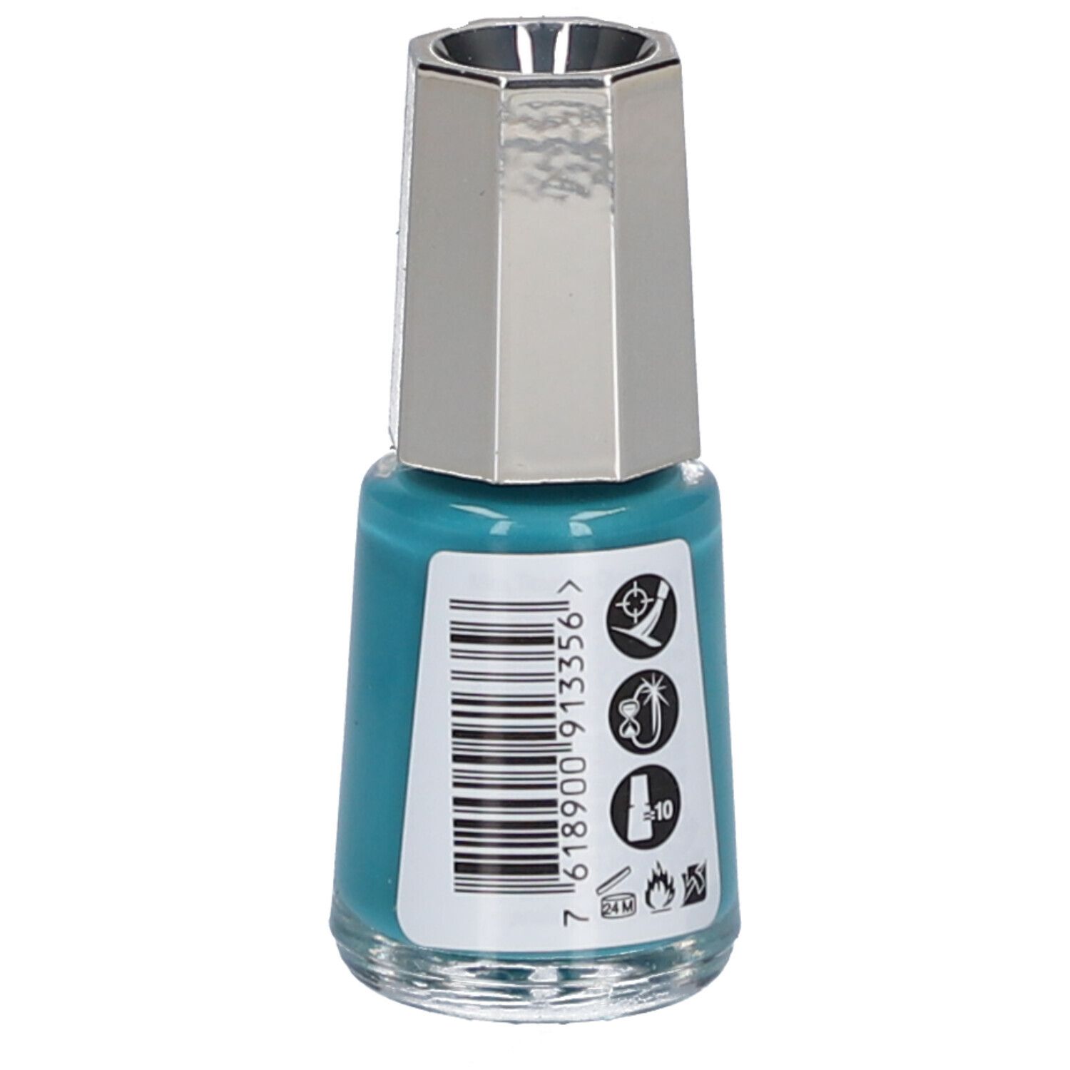 Flacon de vernis à ongles Pacific Blue. Code-barres et symboles. Bouchon argenté. Marque Mavala. 5 ml.