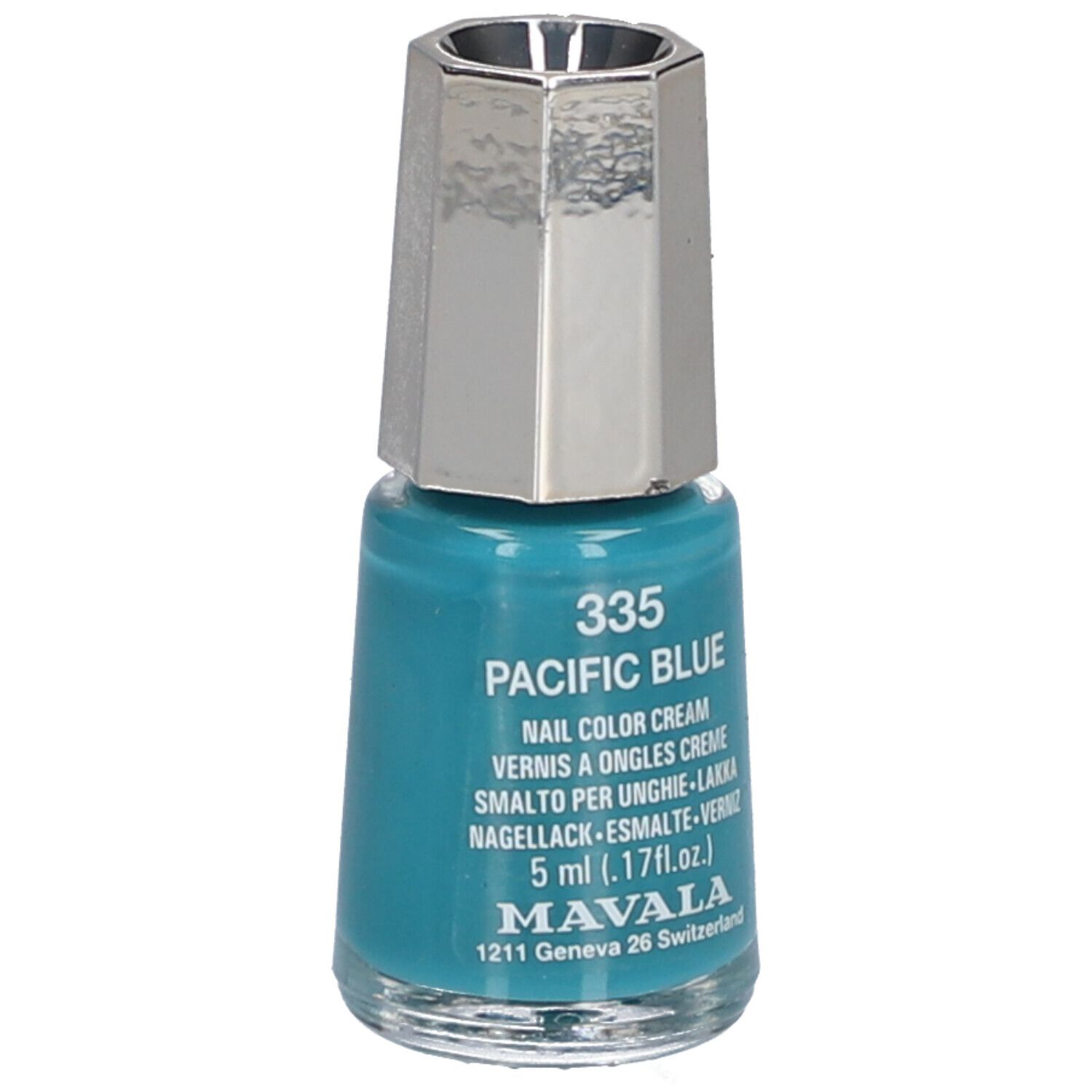 Flacon de vernis à ongles Pacific Blue, 5 ml. Bouchon argenté. Marque Mavala. Inscription : 335 Pacific Blue.