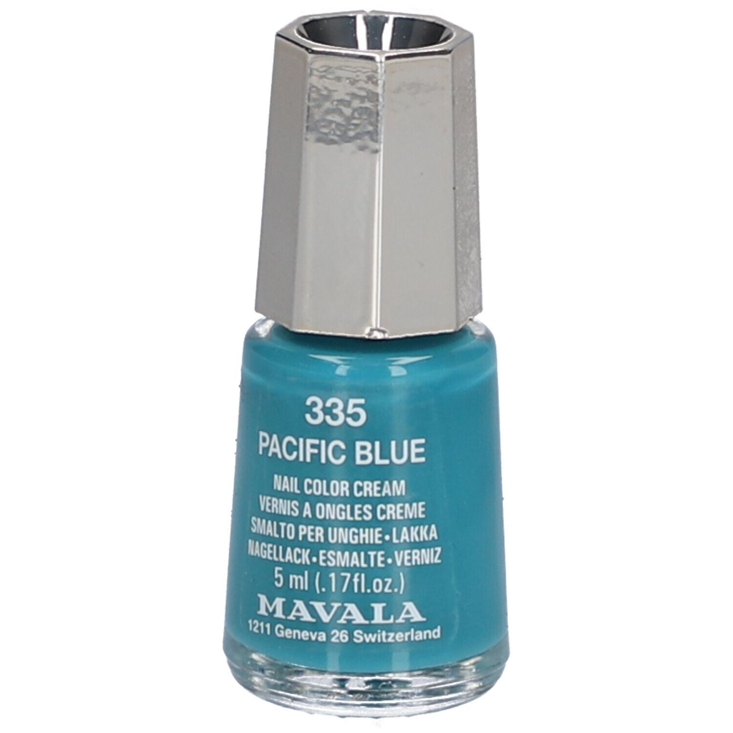 Flacon de vernis à ongles Pacific Blue, 5 ml. Bouchon argenté. Marque Mavala. Inscription : 335 Pacific Blue.