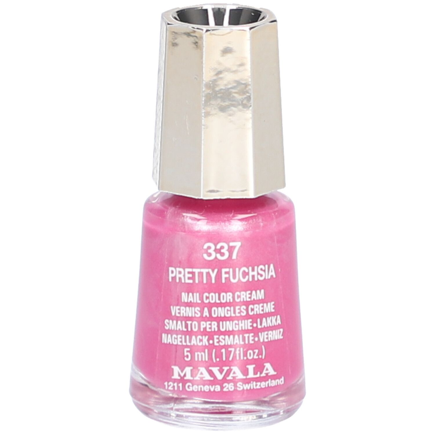 Flacon de vernis à ongles avec bouchon argenté. Inscription : 337 Pretty Fuchsia, Nail Color Cream, 5 ml. Marque : Mavala.