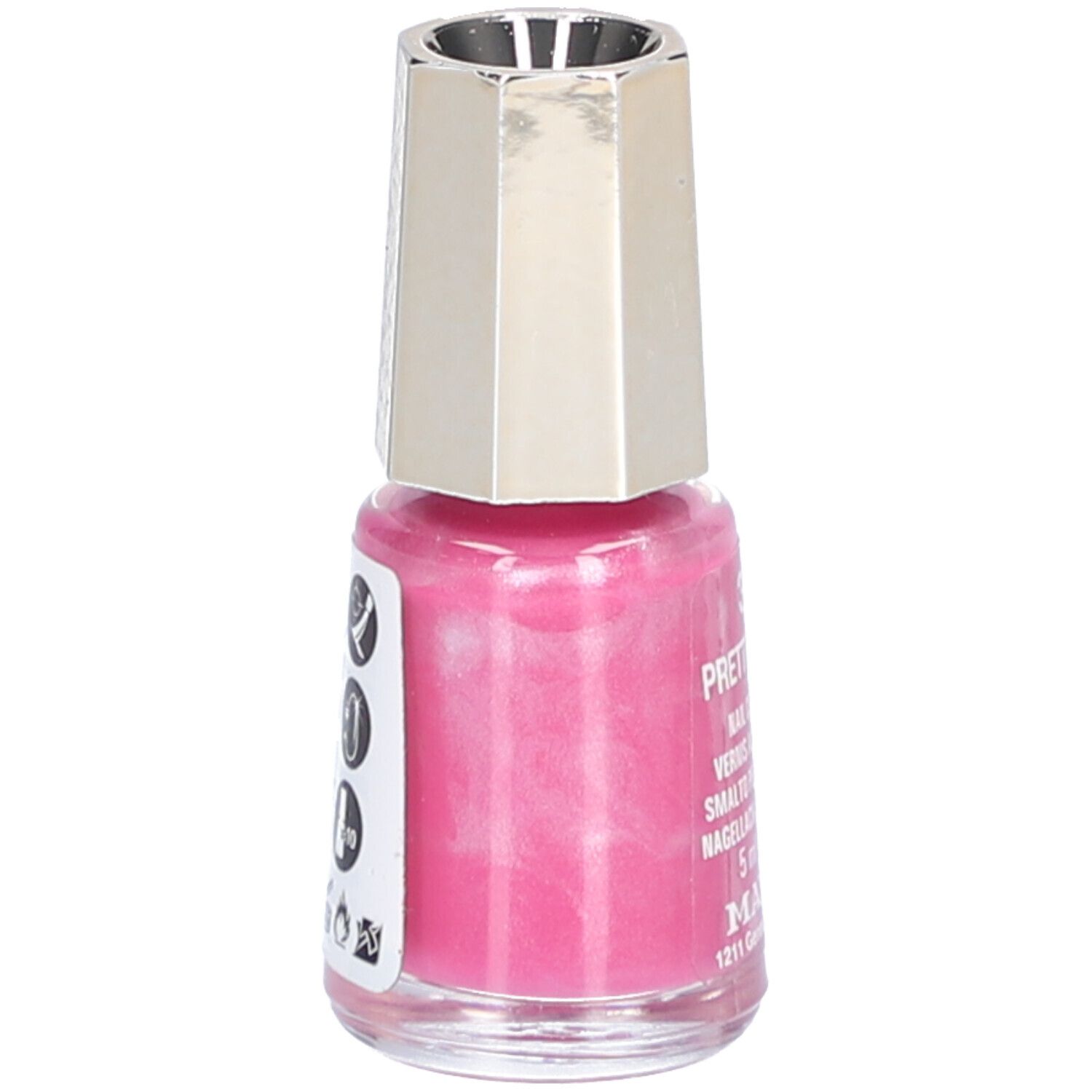 Flacon de vernis à ongles avec bouchon argenté. Étiquette au dos avec symboles et texte. Marque : Mavala.