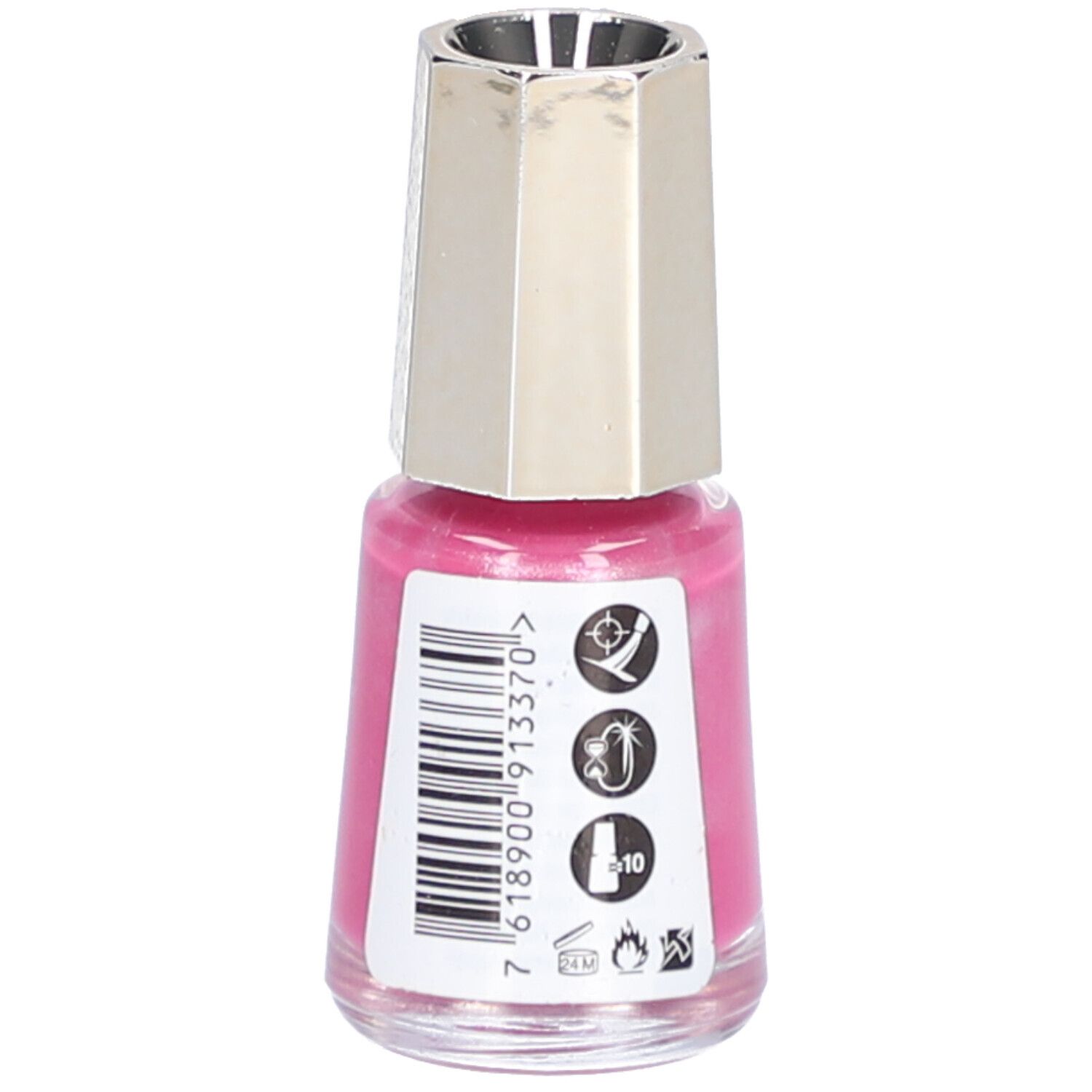 Flacon de vernis à ongles avec bouchon argenté. Dos avec code-barres et symboles. Marque : Mavala.