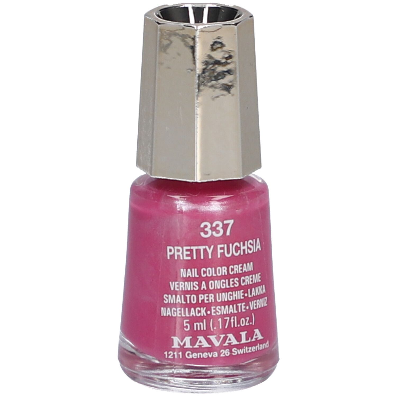 Flacon de vernis à ongles avec bouchon argenté. Inscription : 337 Pretty Fuchsia, Nail Color Cream, 5 ml. Marque : Mavala.
