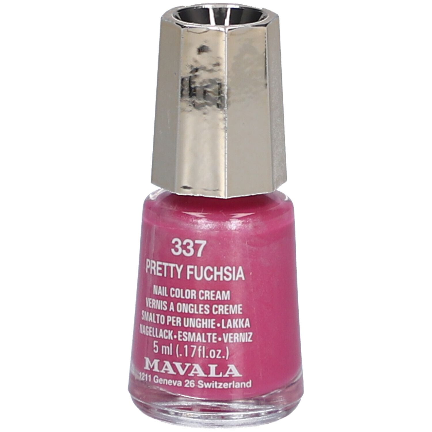 Flacon de vernis à ongles avec bouchon argenté. Inscription : 337 Pretty Fuchsia, Nail Color Cream, 5 ml. Marque : Mavala.