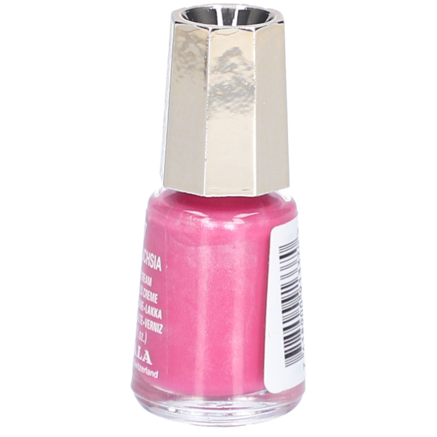 Flacon de vernis à ongles avec bouchon argenté. Dos avec code-barres et texte. Marque : Mavala.