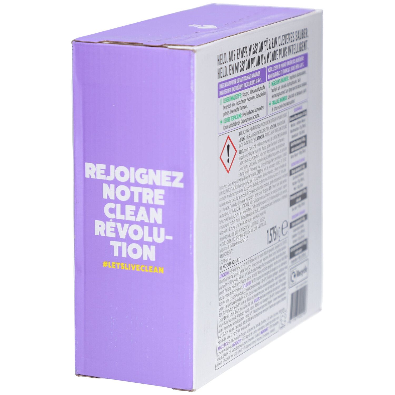 Emballage de lessive Held, vue latérale. Texte: Rejoignez notre révolution propre. 1,575 kg.