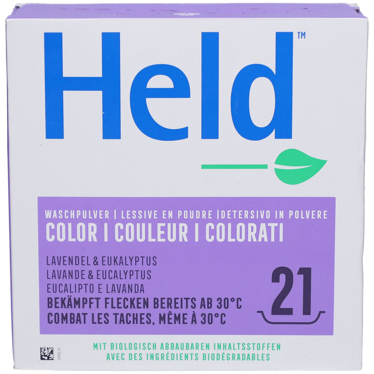 Boîte de lessive Held Couleur Lavande & Eucalyptus. Informations produit. 21 doses. Violet et blanc.