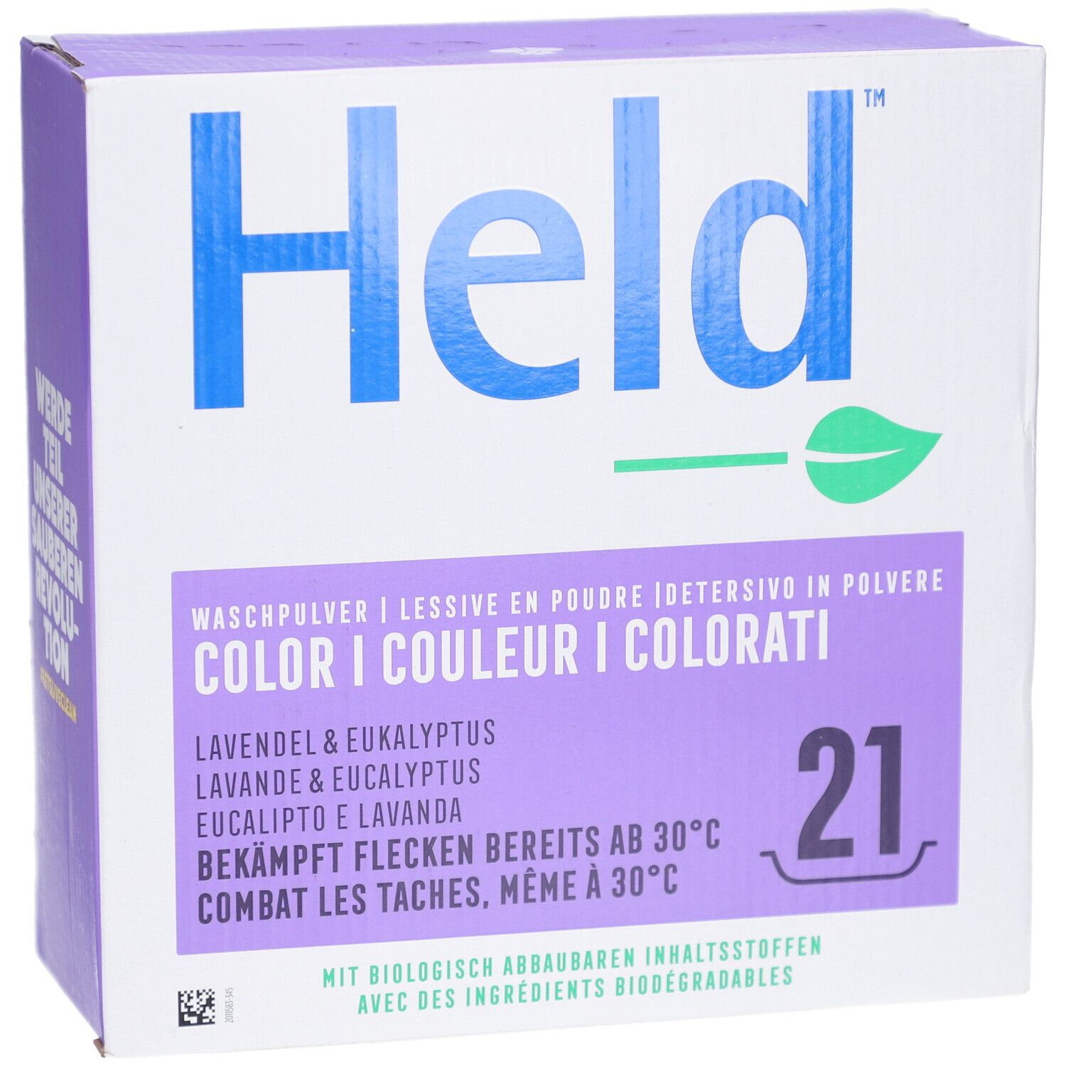 Boîte de lessive Held Couleur Lavande & Eucalyptus. Informations produit. 21 doses. Violet et blanc.